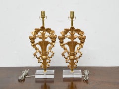 Pair of French Giltwood Floral Fragments Made into Lamps on Custom Lucite Bases