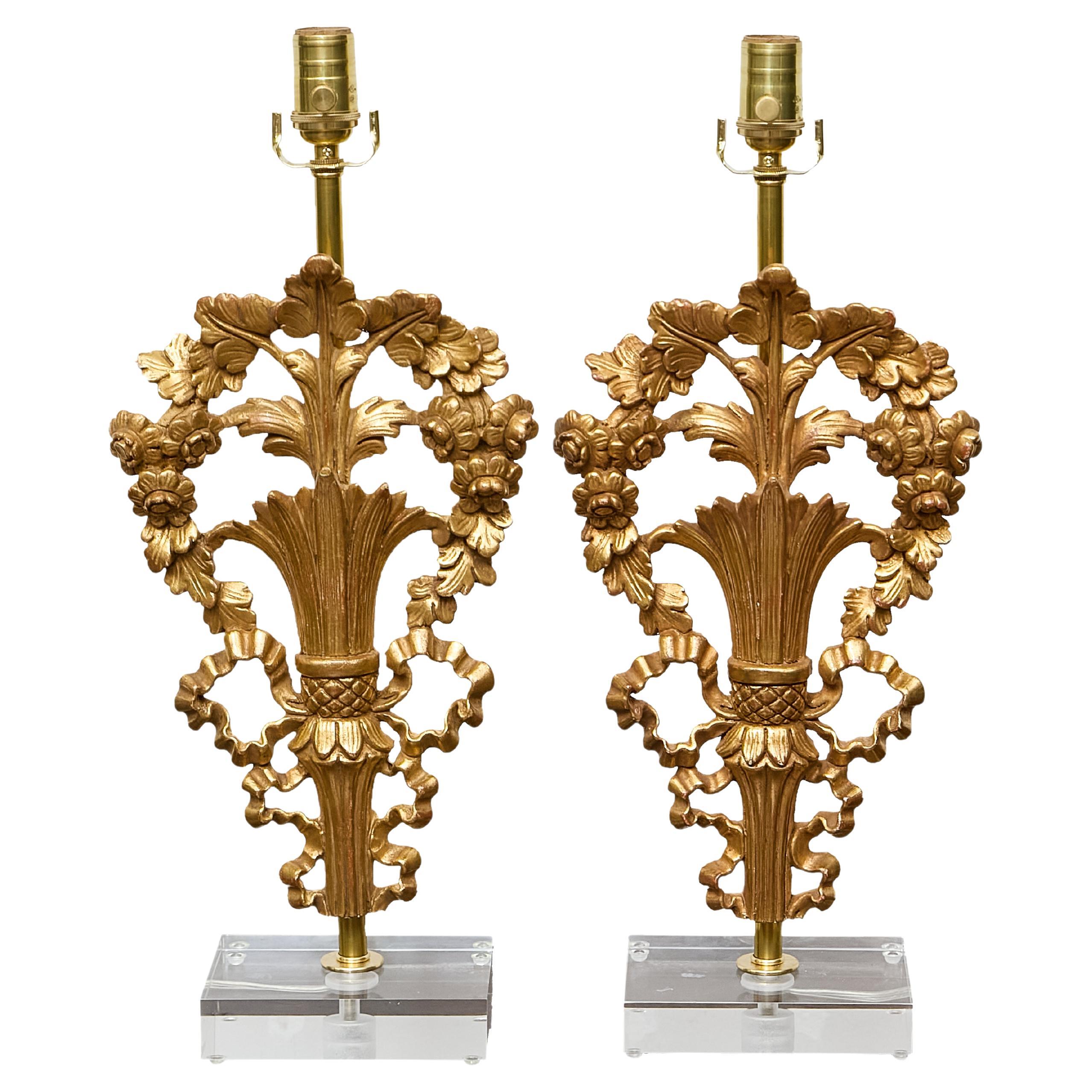 Pair of French Giltwood Floral Fragments Made into Lamps on Custom Lucite Bases