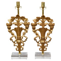 Pair of French Giltwood Floral Fragments Made into Lamps on Custom Lucite Bases