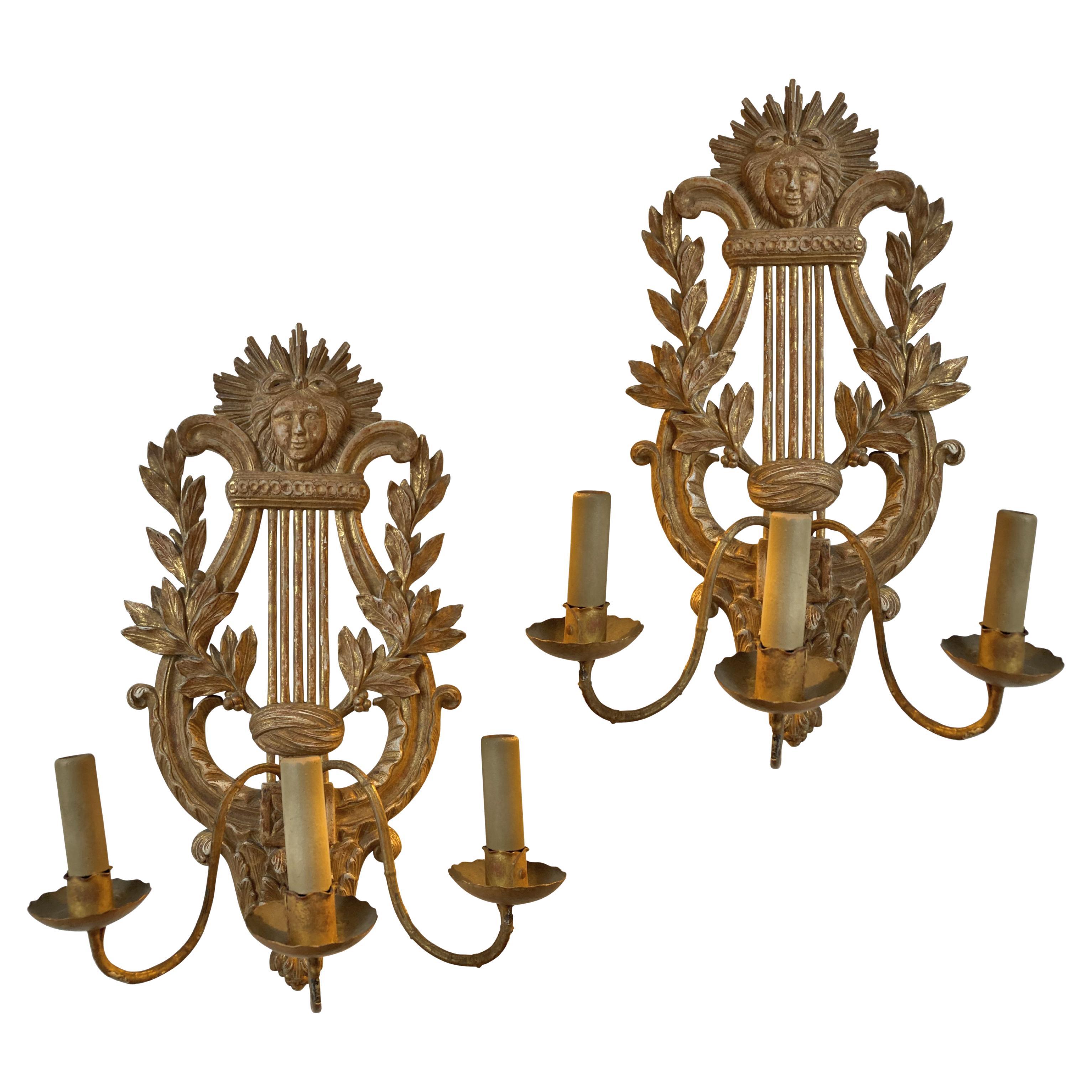 Pair Of French Giltwood Lire Back Wall Sconces For Sale