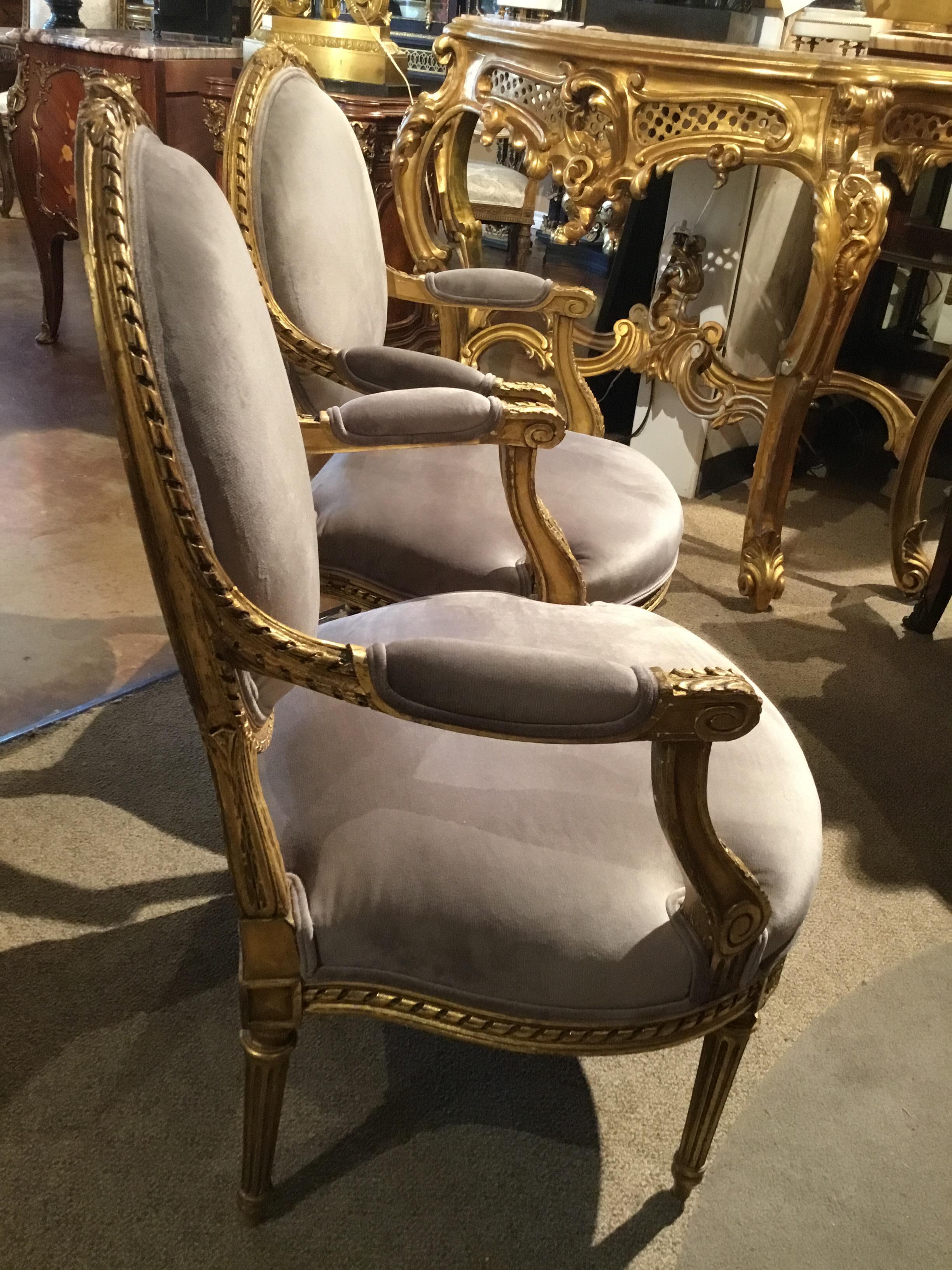 Pair of French Giltwood Louis XVI-Style Chairs with New Upholstery 8
