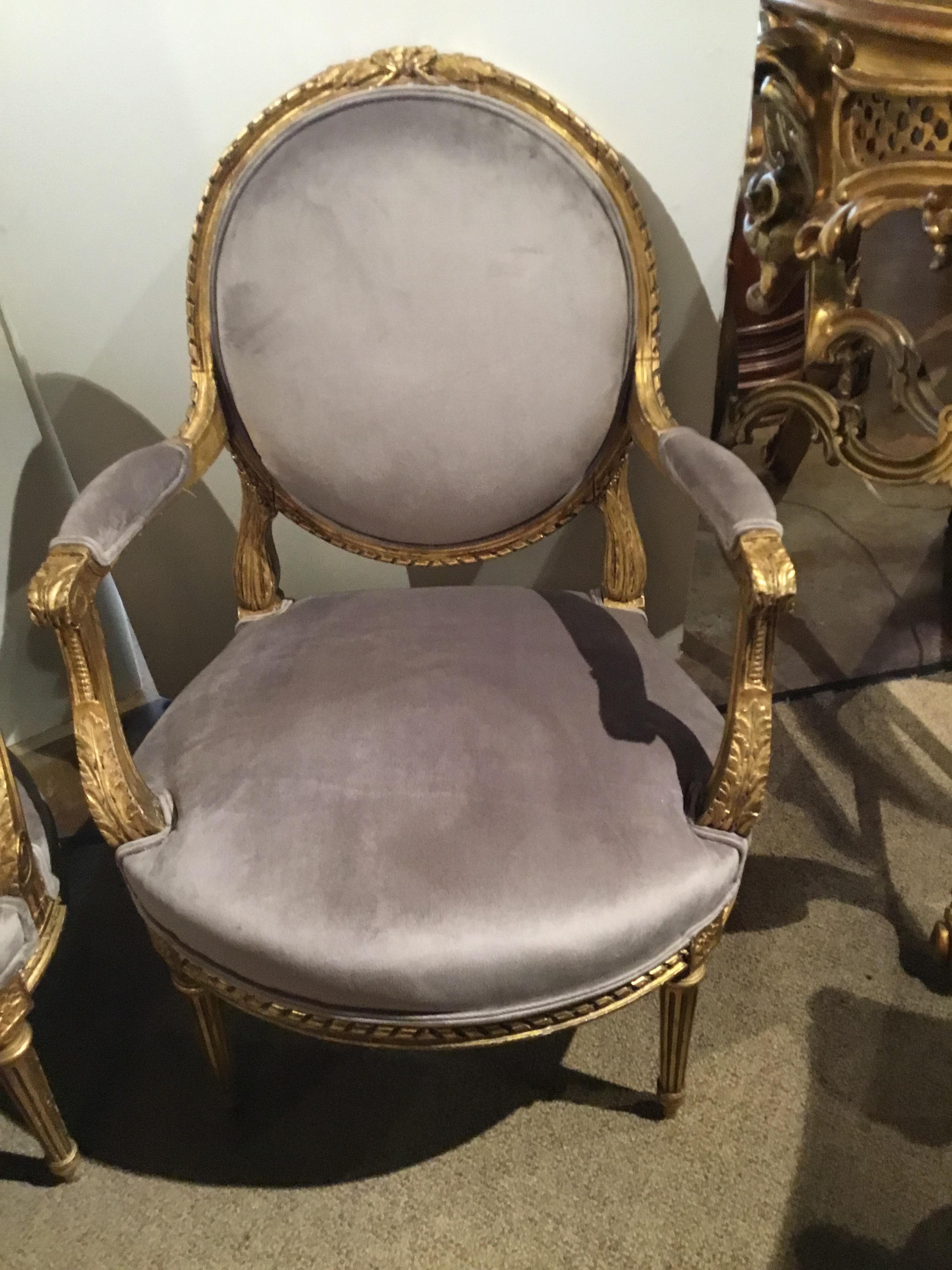 19th Century Pair of French Giltwood Louis XVI-Style Chairs with New Upholstery