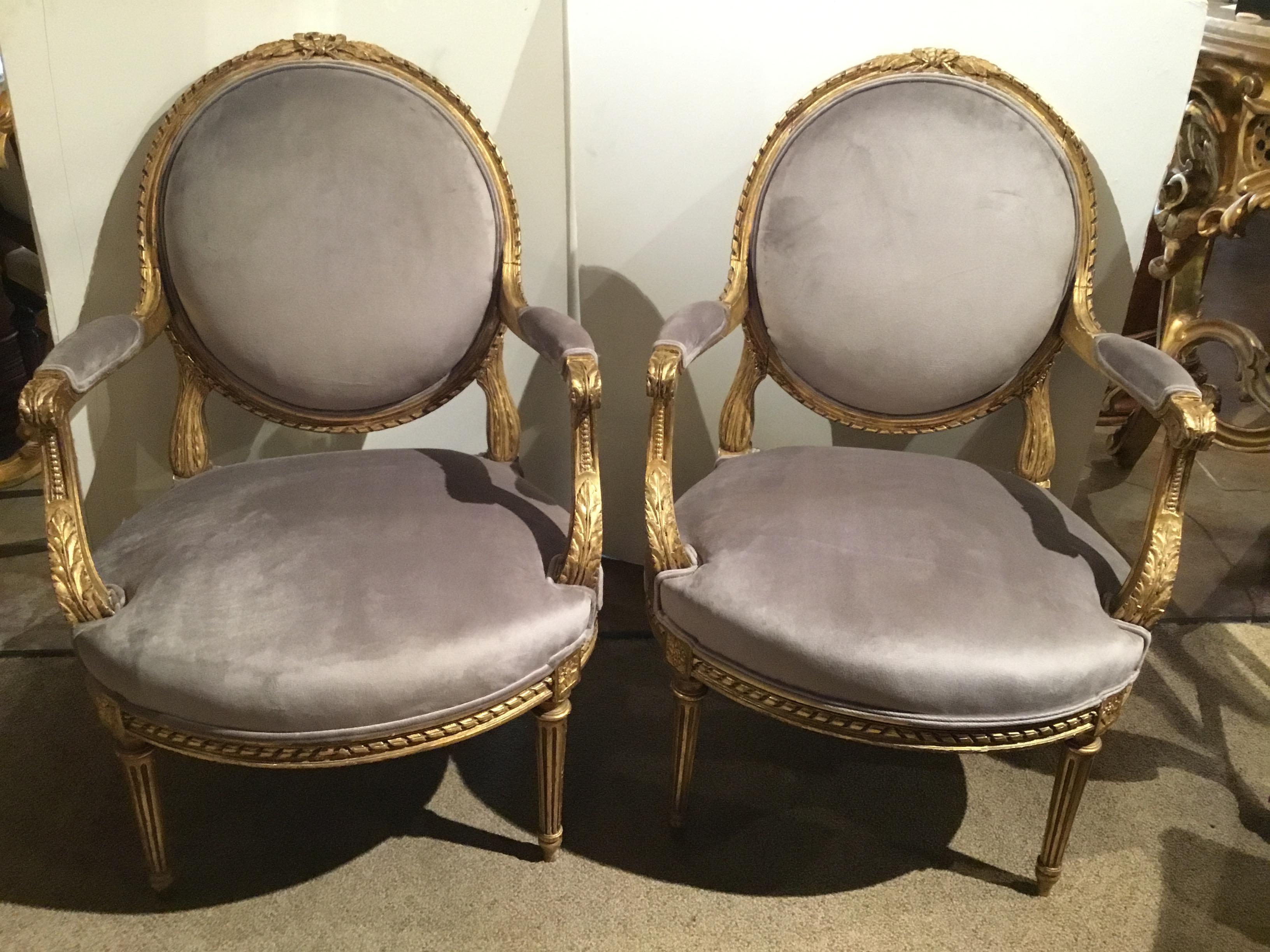 Pair of French Giltwood Louis XVI-Style Chairs with New Upholstery 1
