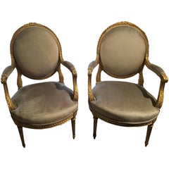 Pair of French Giltwood Louis XVI-Style Chairs with New Upholstery
