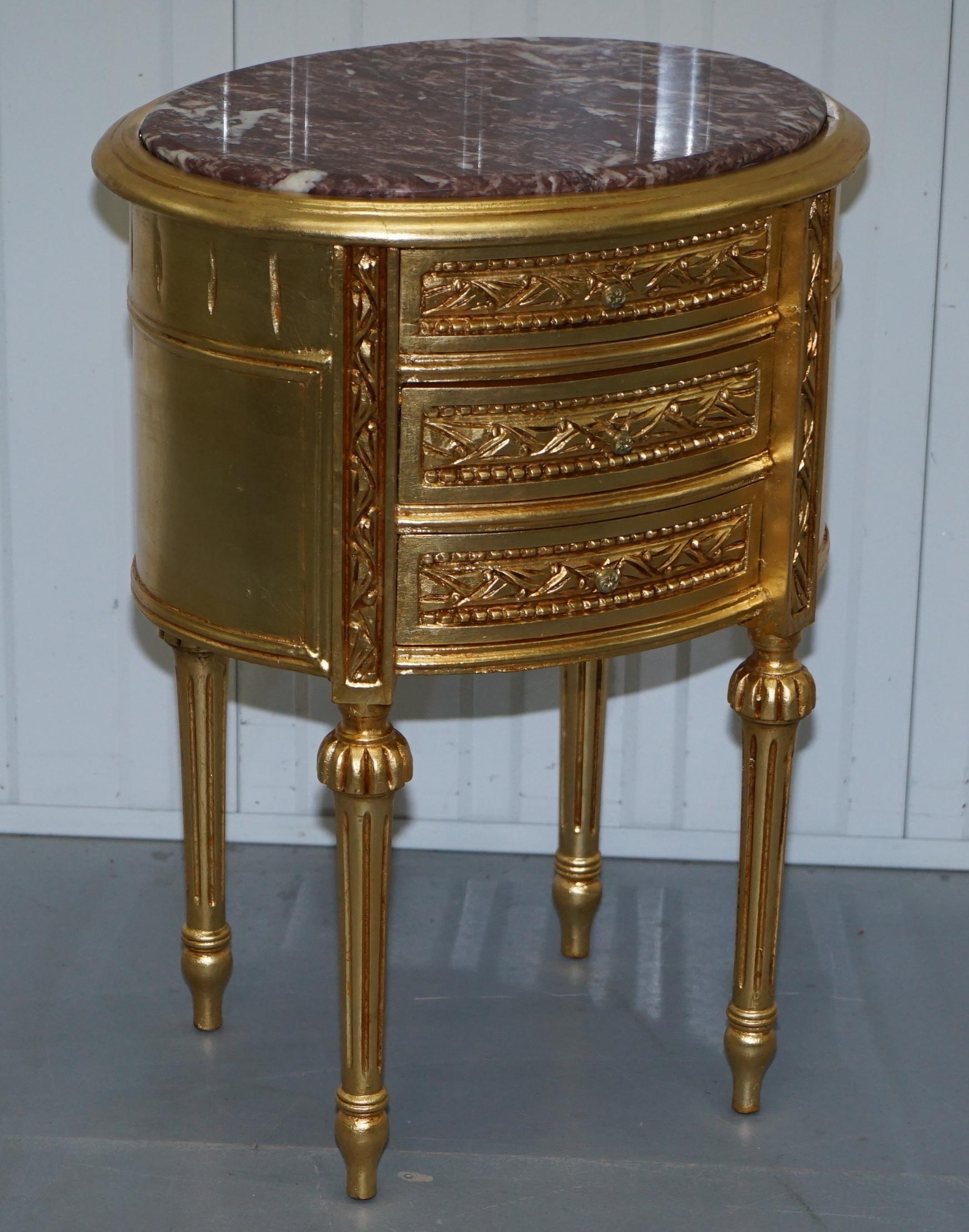 We are delighted to offer for sale this lovely pair of French giltwood side tables each with three drawers and a solid marble top

A good looking and well made decorative pair, versatile as lamp, wine or side end tables 

They have been deep