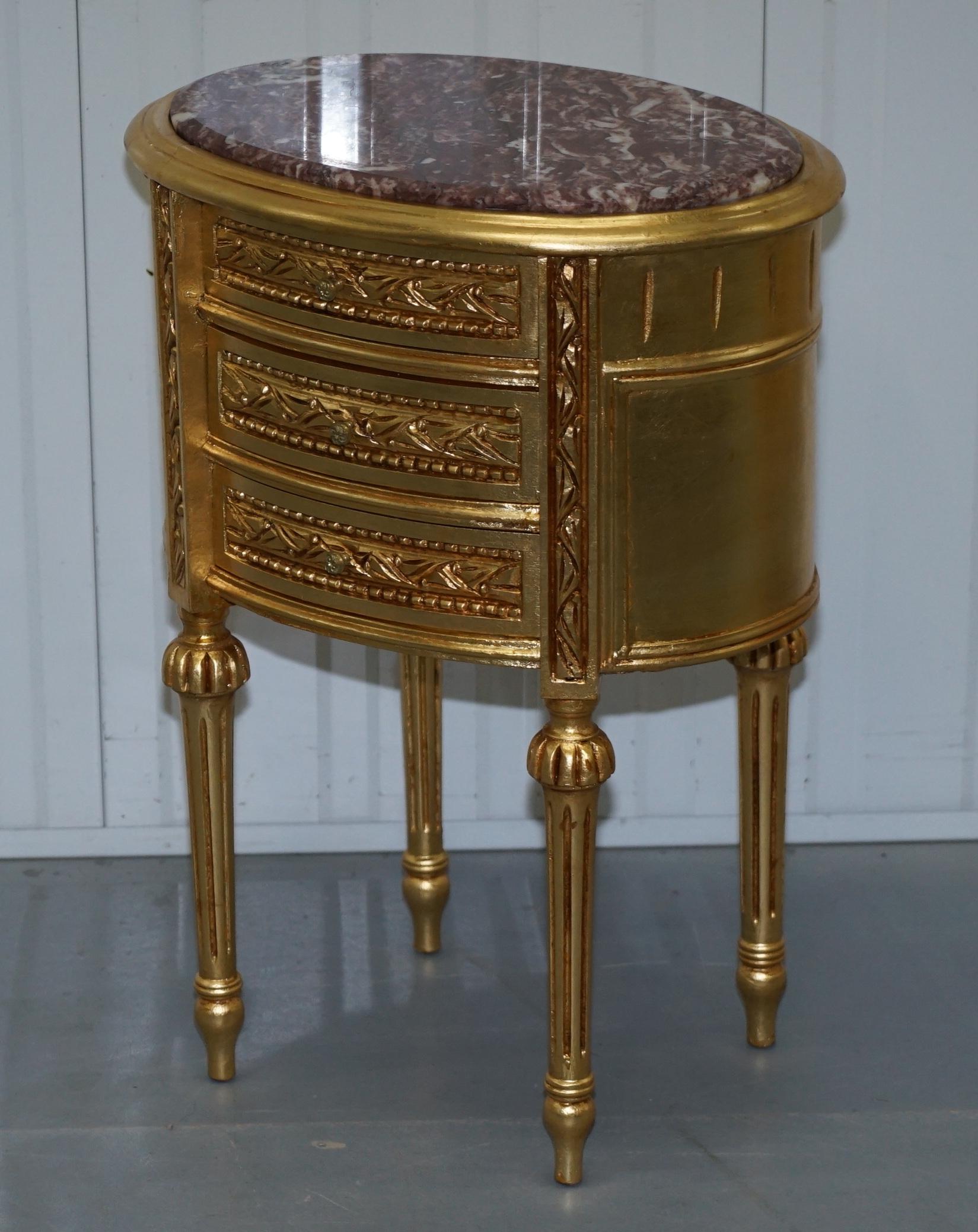 Hand-Crafted Pair of French Giltwood Side Lamp Wine Tables, Solid Marble Tops & Three Drawers