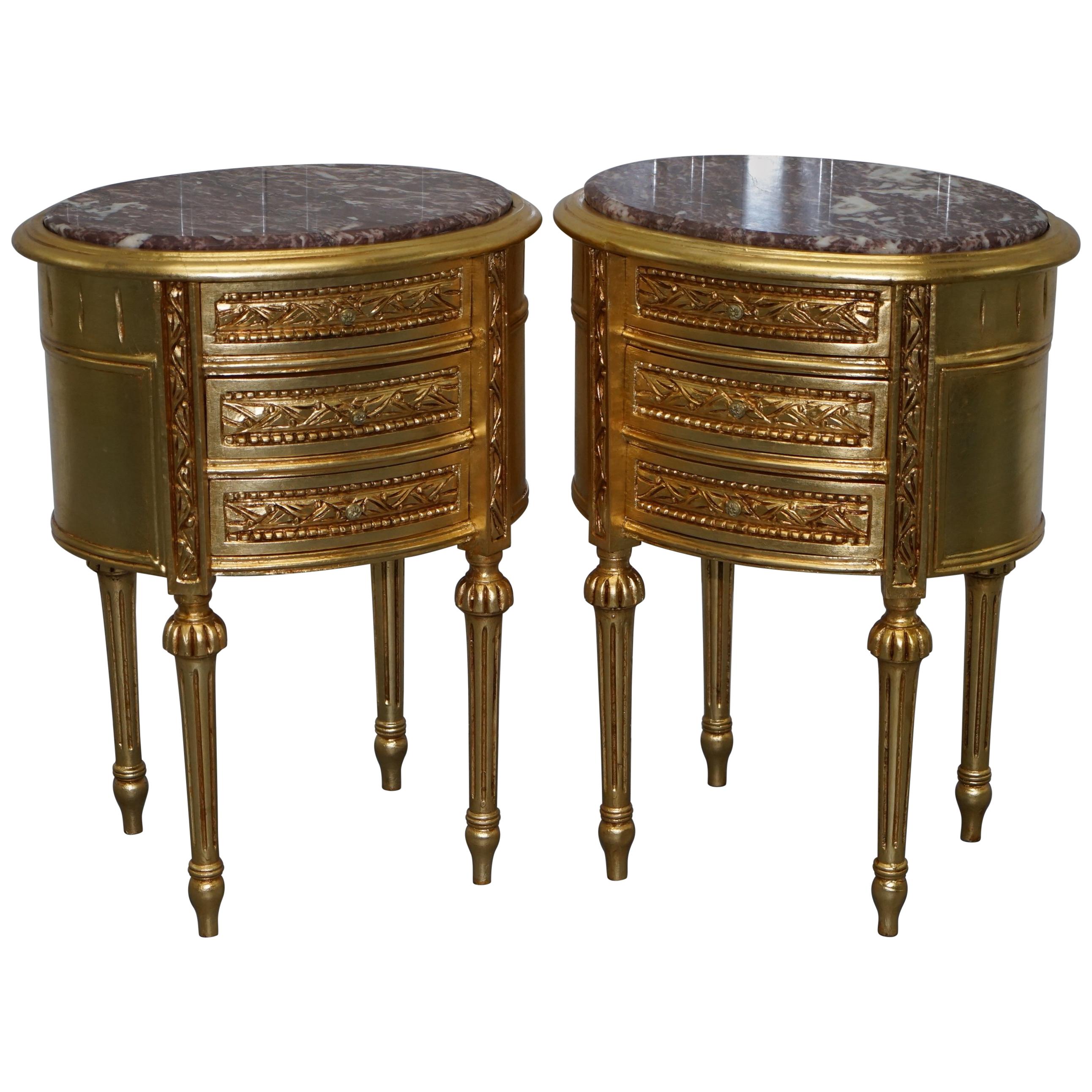 Pair of French Giltwood Side Lamp Wine Tables, Solid Marble Tops & Three Drawers