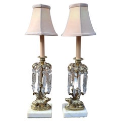 Pair of French Girandoles Buffet Lamps With Crystals and Brass Dog Figure