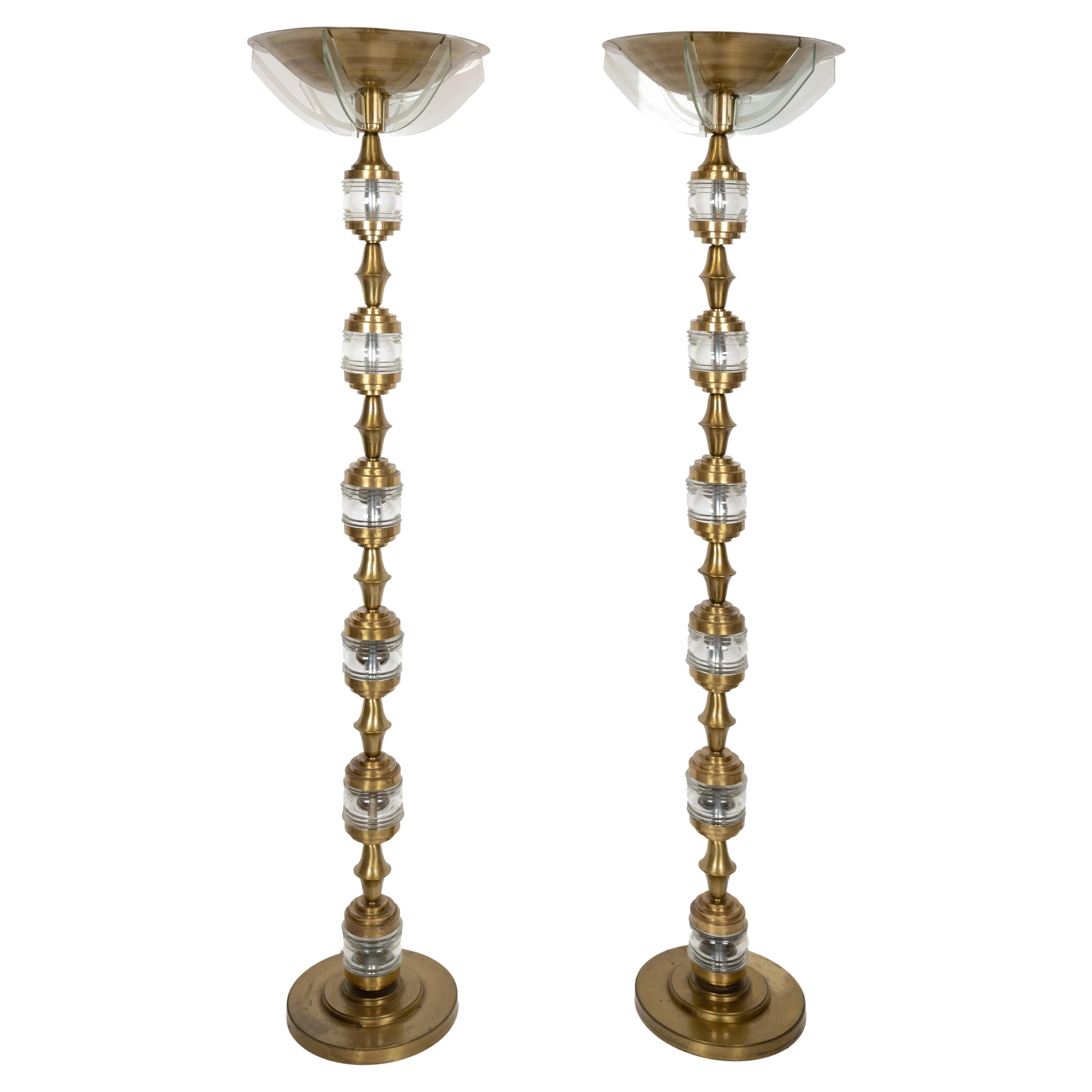 Pair of French Glass and Brass Torchiers For Sale