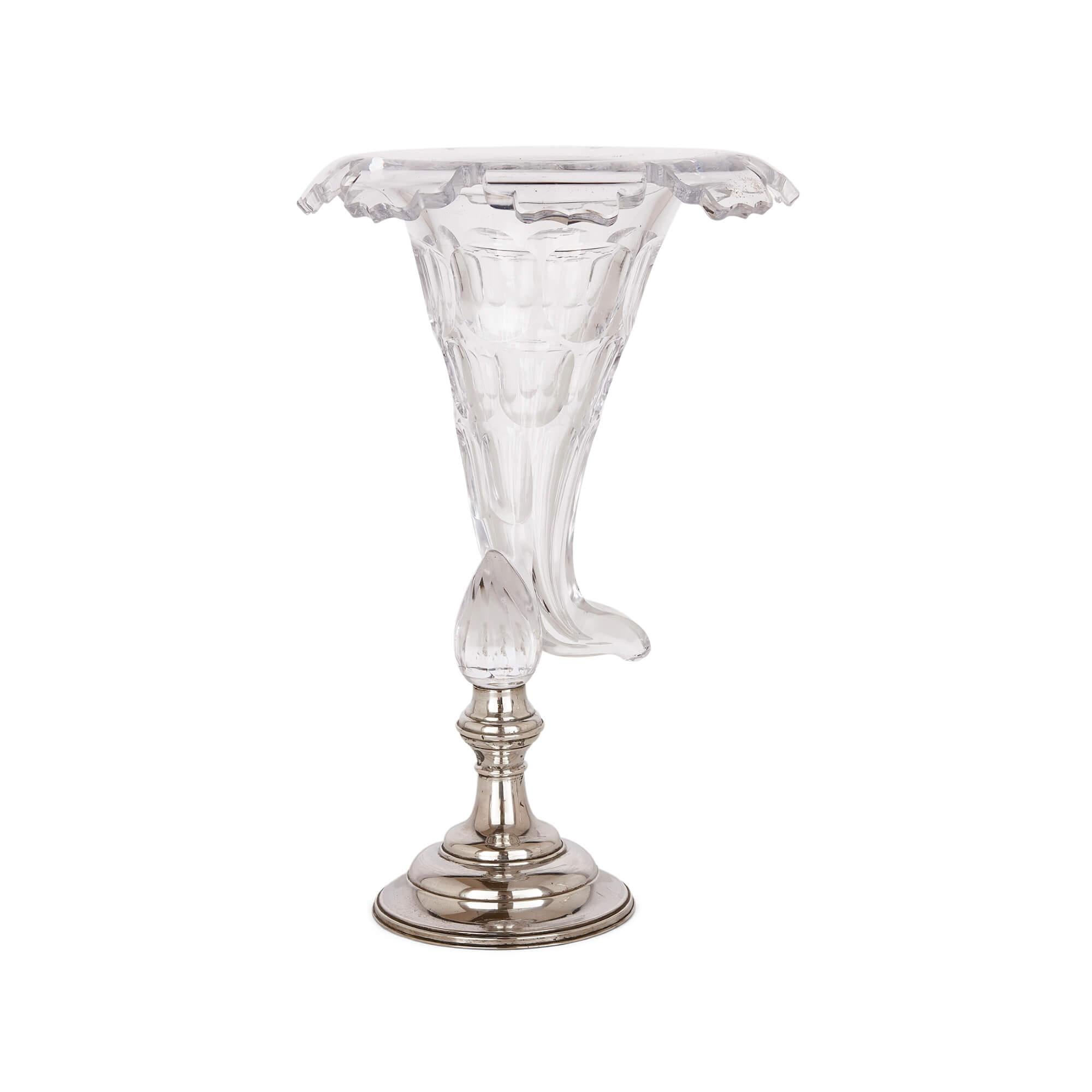 Modern Pair of French Glass and Silver-Plate Cornucopia Vases For Sale
