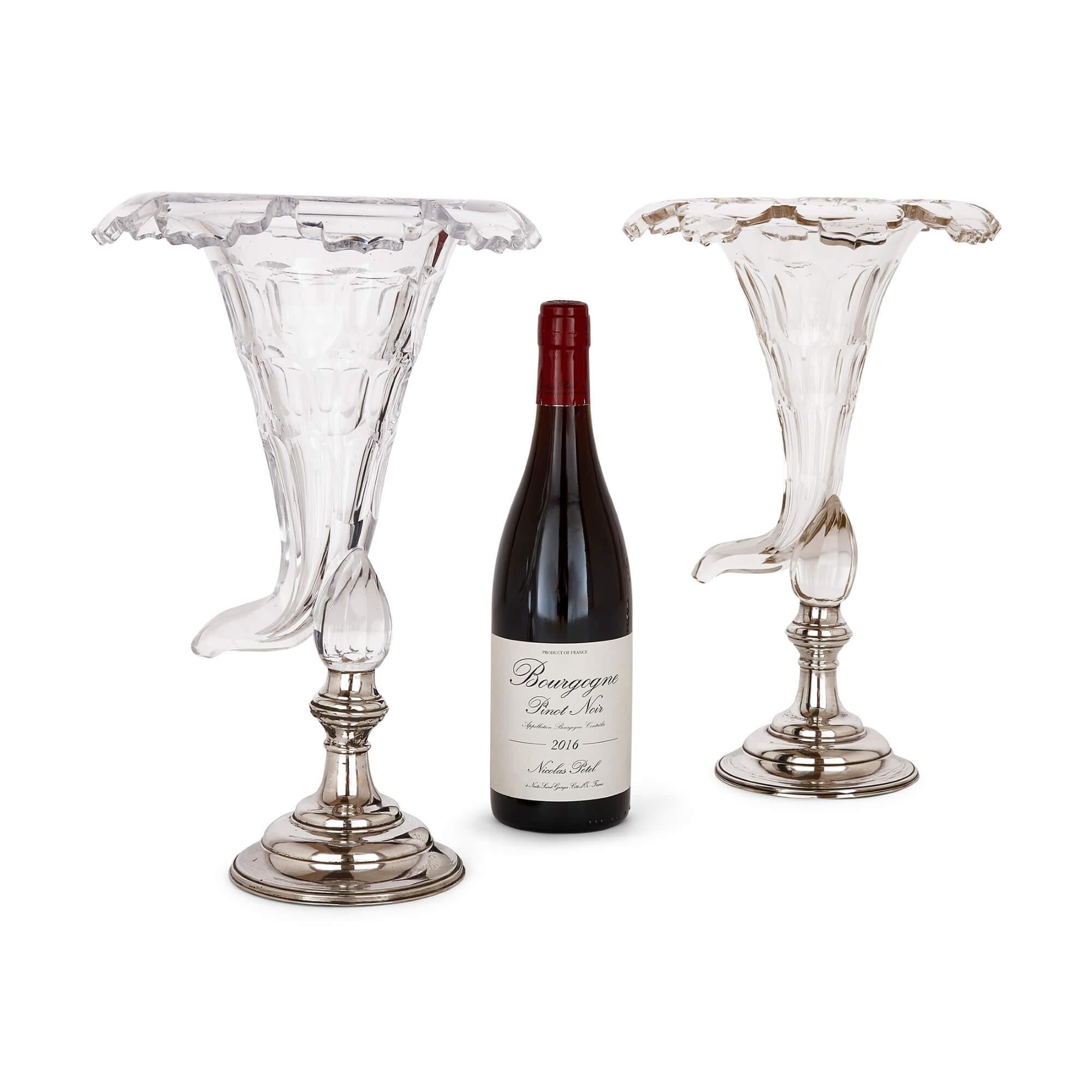 Pair of French Glass and Silver-Plate Cornucopia Vases For Sale 1