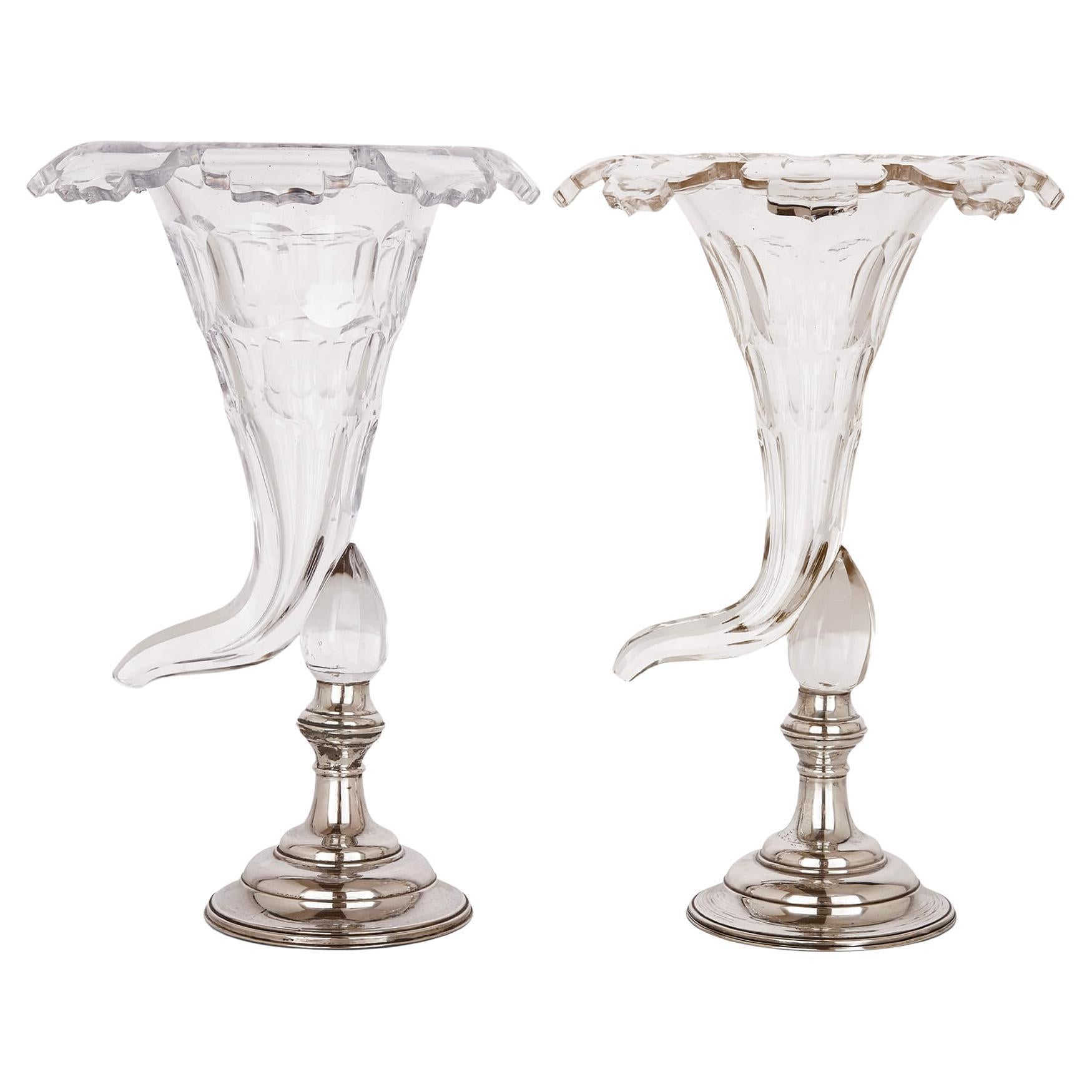 Pair of French Glass and Silver-Plate Cornucopia Vases For Sale