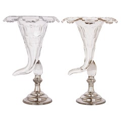 Antique Pair of French Glass and Silver-Plate Cornucopia Vases