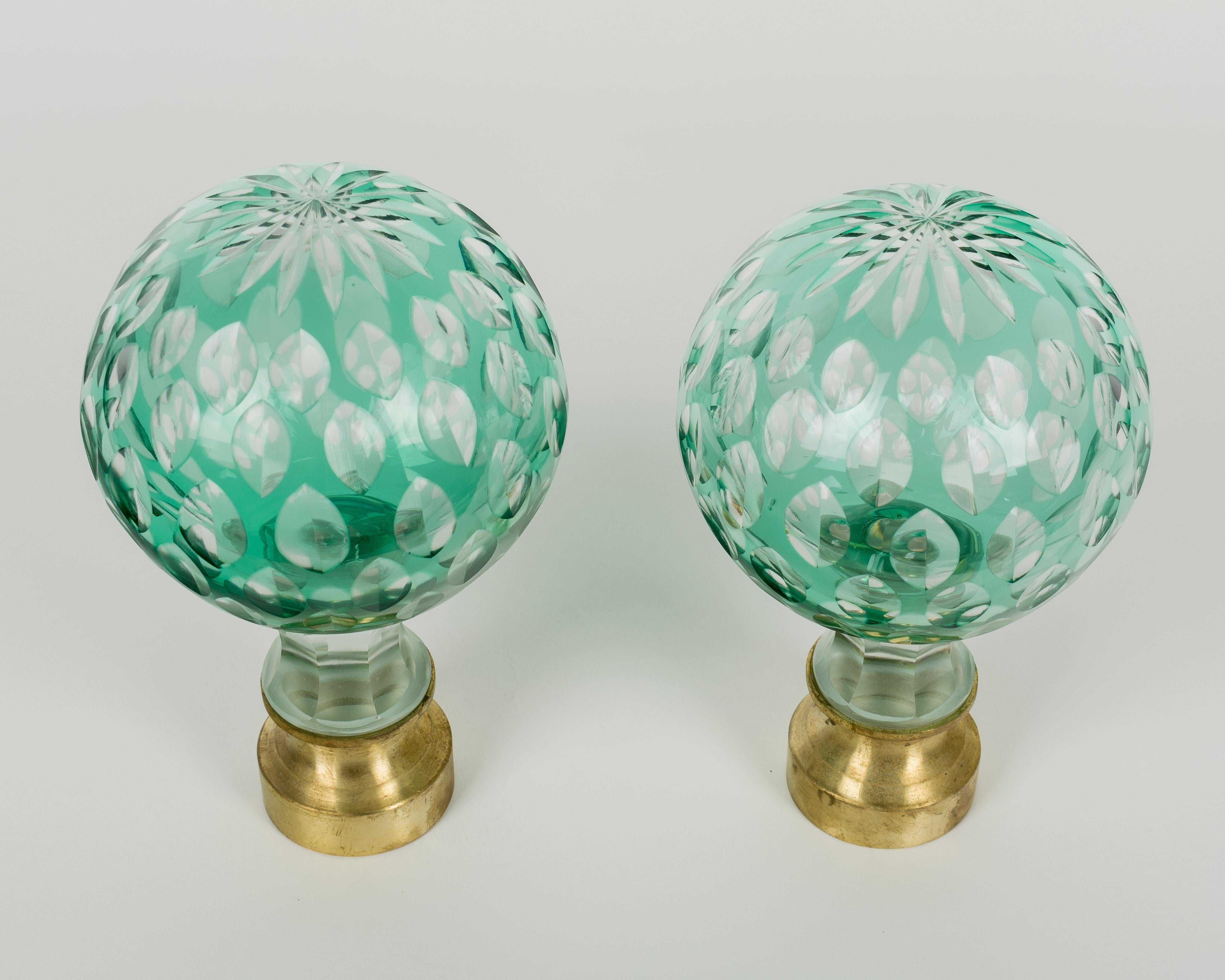 Cast Pair of French Glass Boules d'Escalier or Newel Post Finials