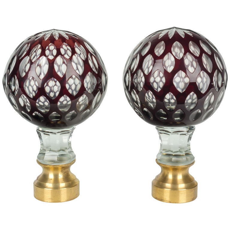 Pair Of French Glass Boules D Escalier Or Newel Post Finials At