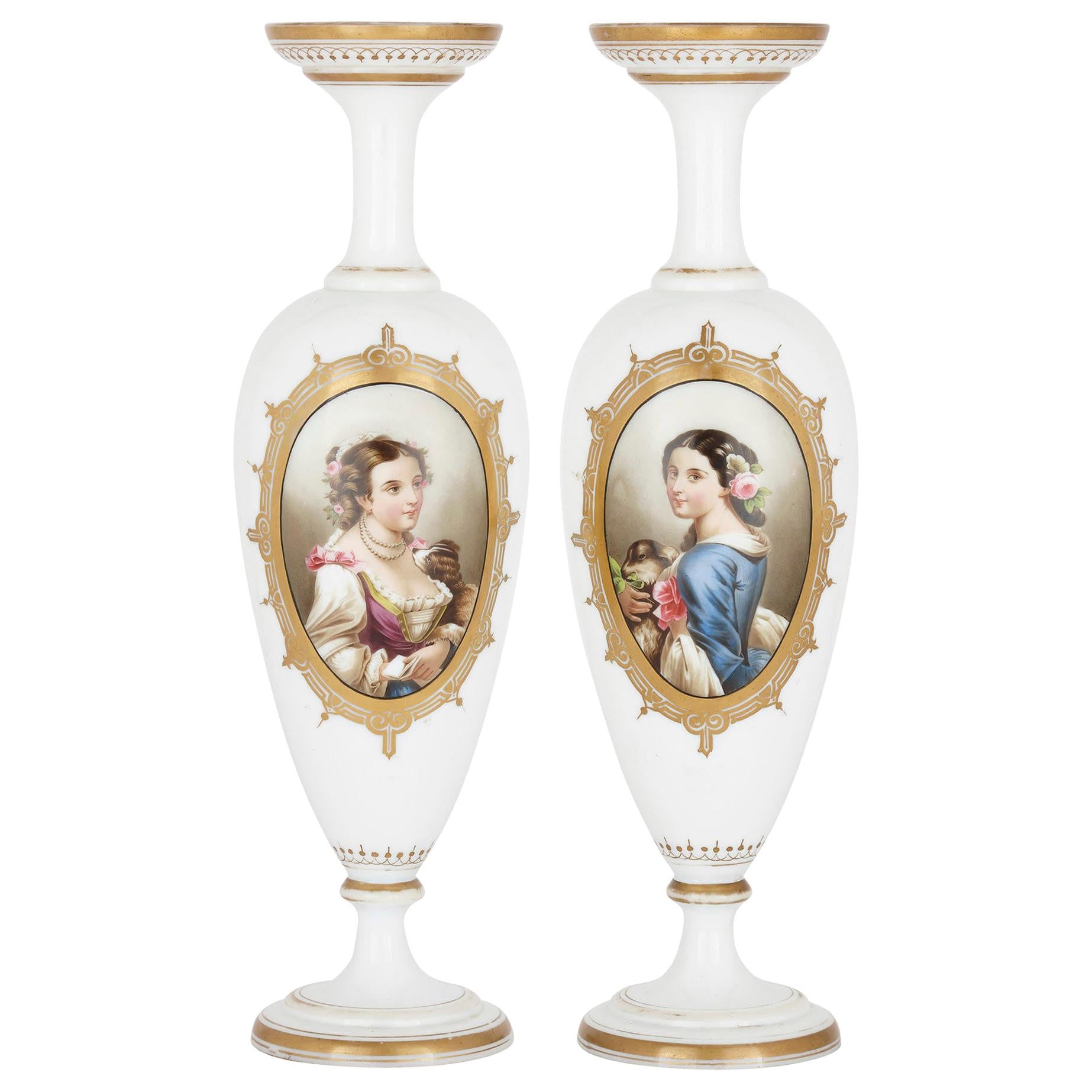Pair of French Glass Vases Painted with Portraits For Sale