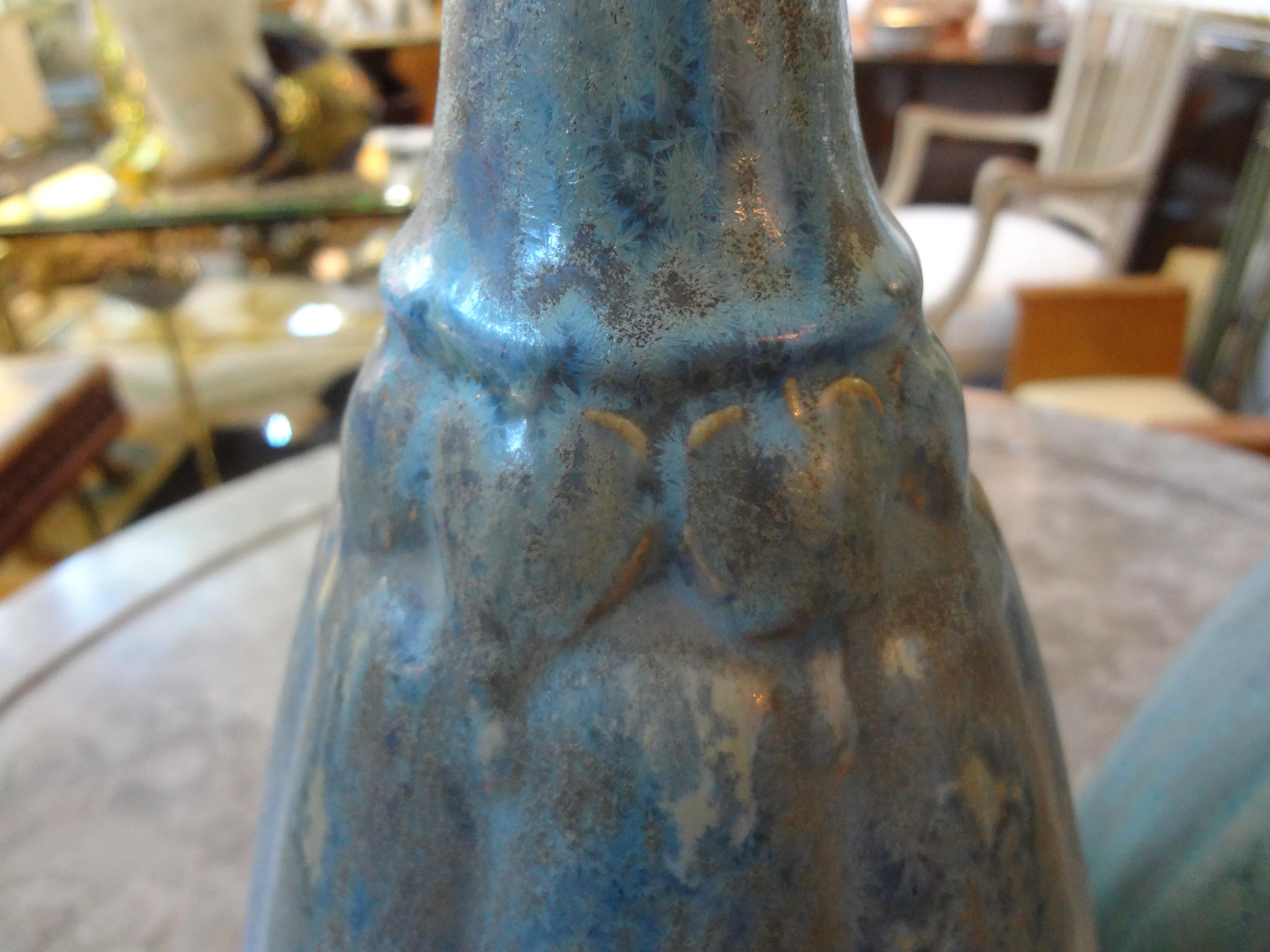 French glazed pottery vase by Pierrefonds. This gorgeous French Art Deco vase is executed in a fantastic blue/green matte glaze and dates to the 1920s. This vase is stamped Pierrefonds.