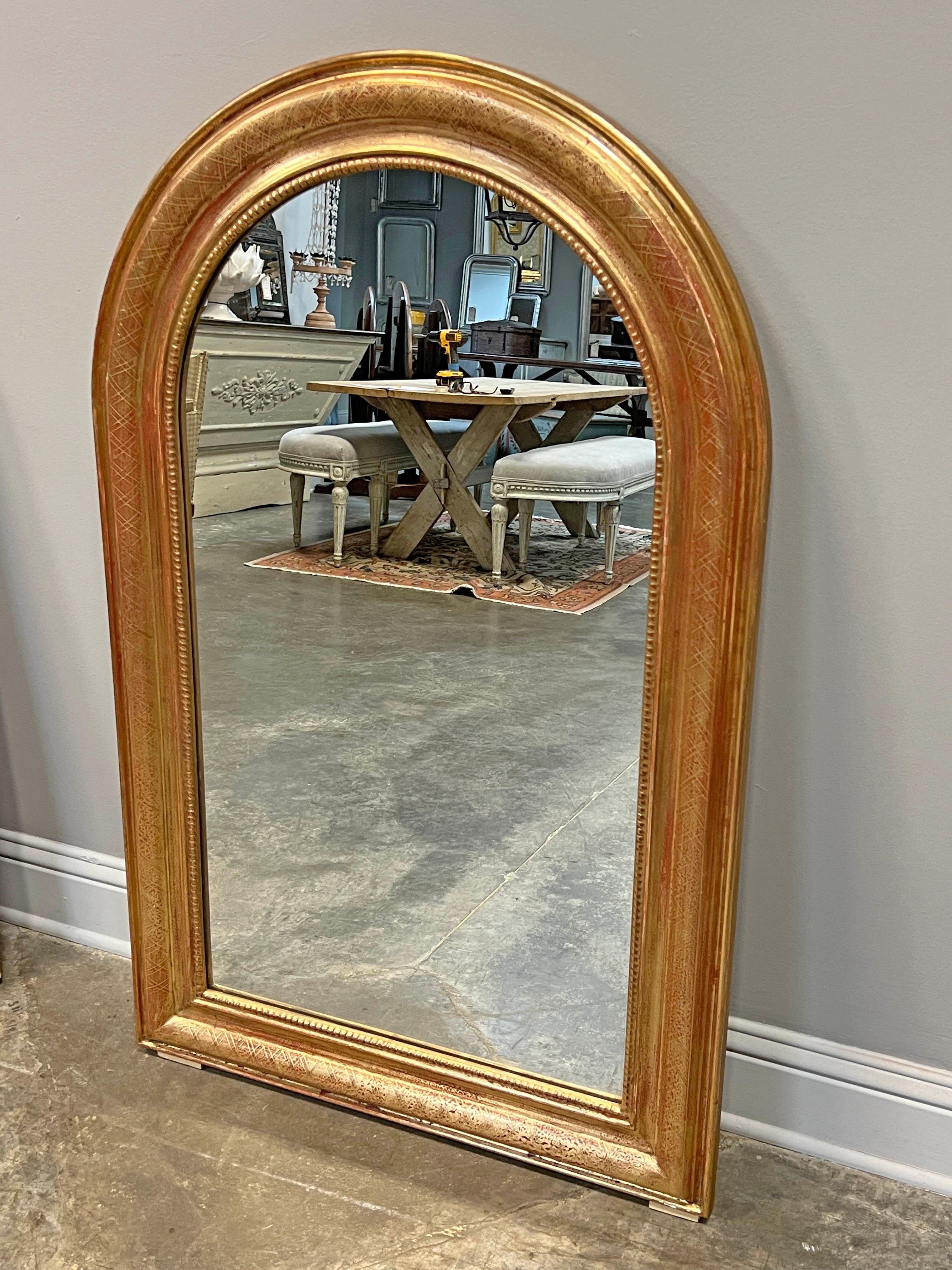 Gold Leaf Pair of French Gold Gilt Arched Mirrors