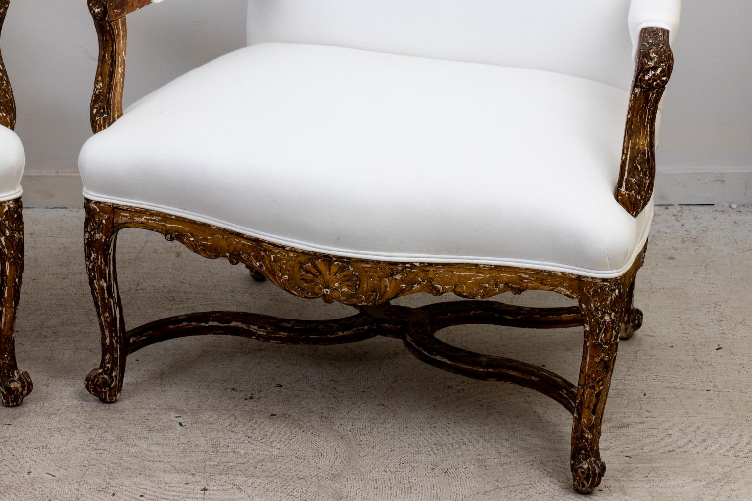 Fabric Pair of French Gold Gilt Carved Chairs
