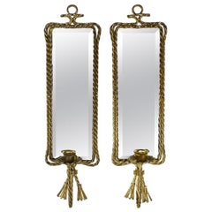 Pair of French Gold Trompe L’Oeil Tassel Wall Candle Sconces with Mirror, a Pair