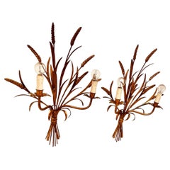 Coppia di appliques dorate francesi St. Charles 1980 Orecchie di torba e foglie