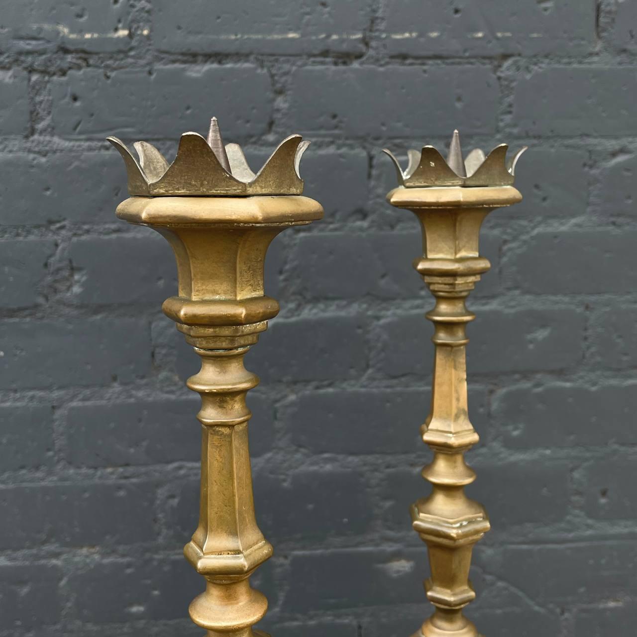 Mid-20th Century Pair of French Gothic Brass Candle Stick Holders For Sale