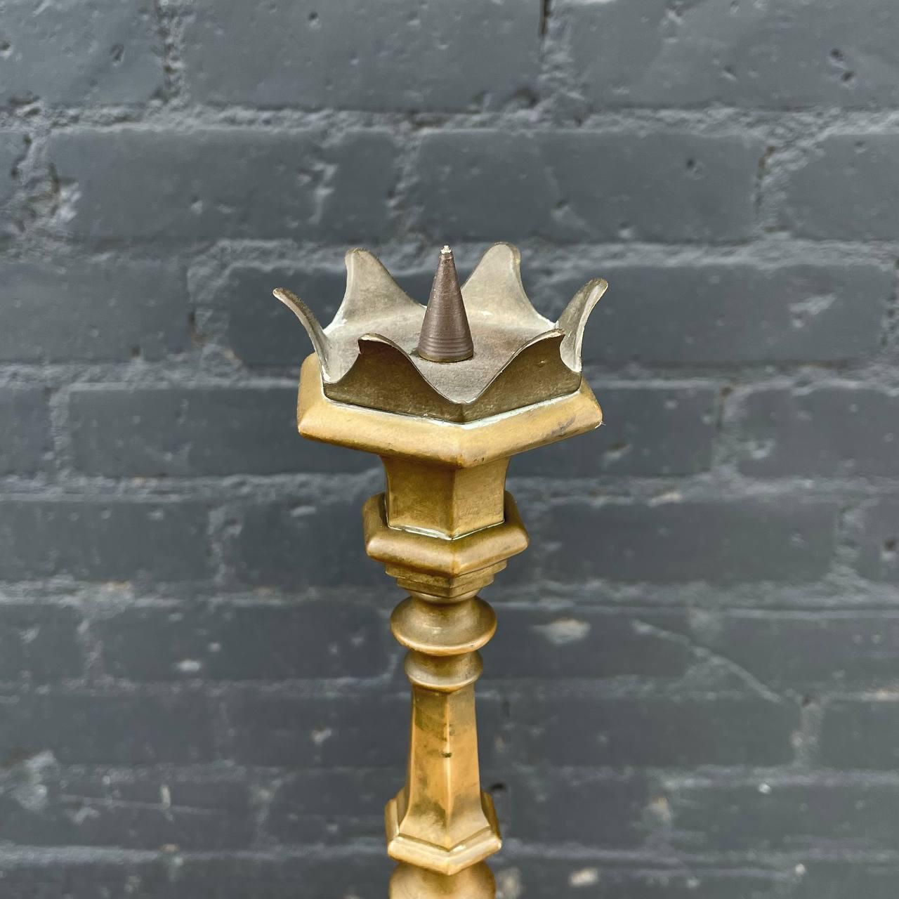 Wood Pair of French Gothic Brass Candle Stick Holders For Sale
