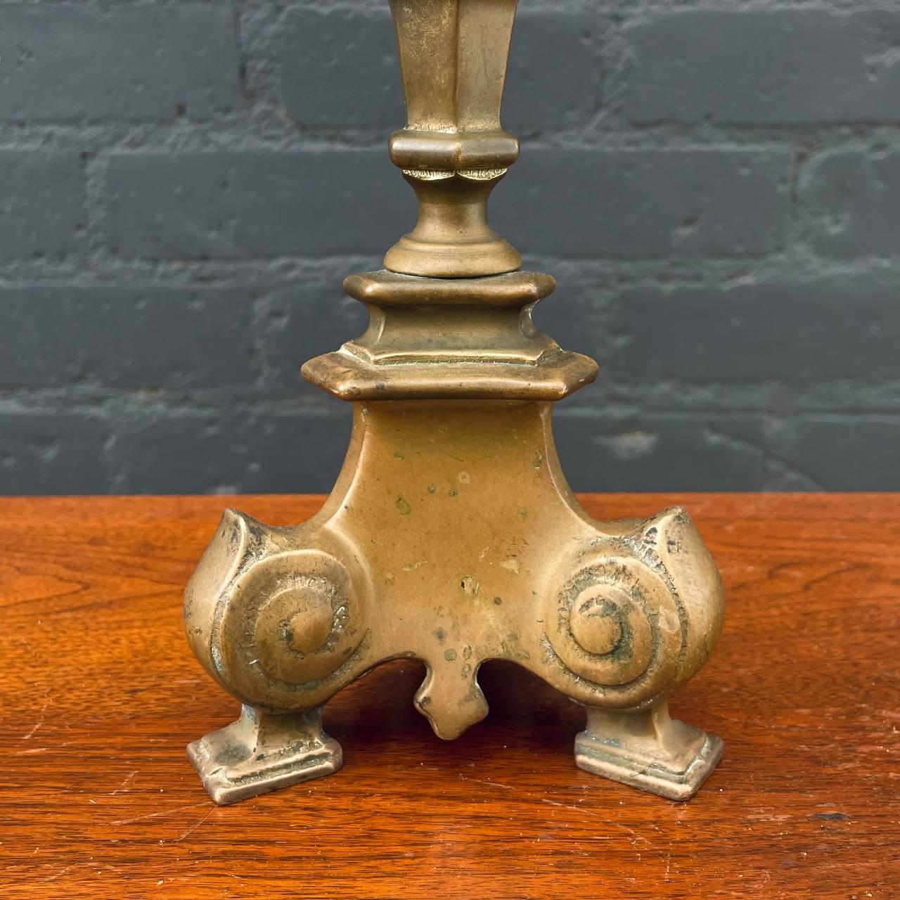 Pair of French Gothic Brass Candle Stick Holders For Sale 4