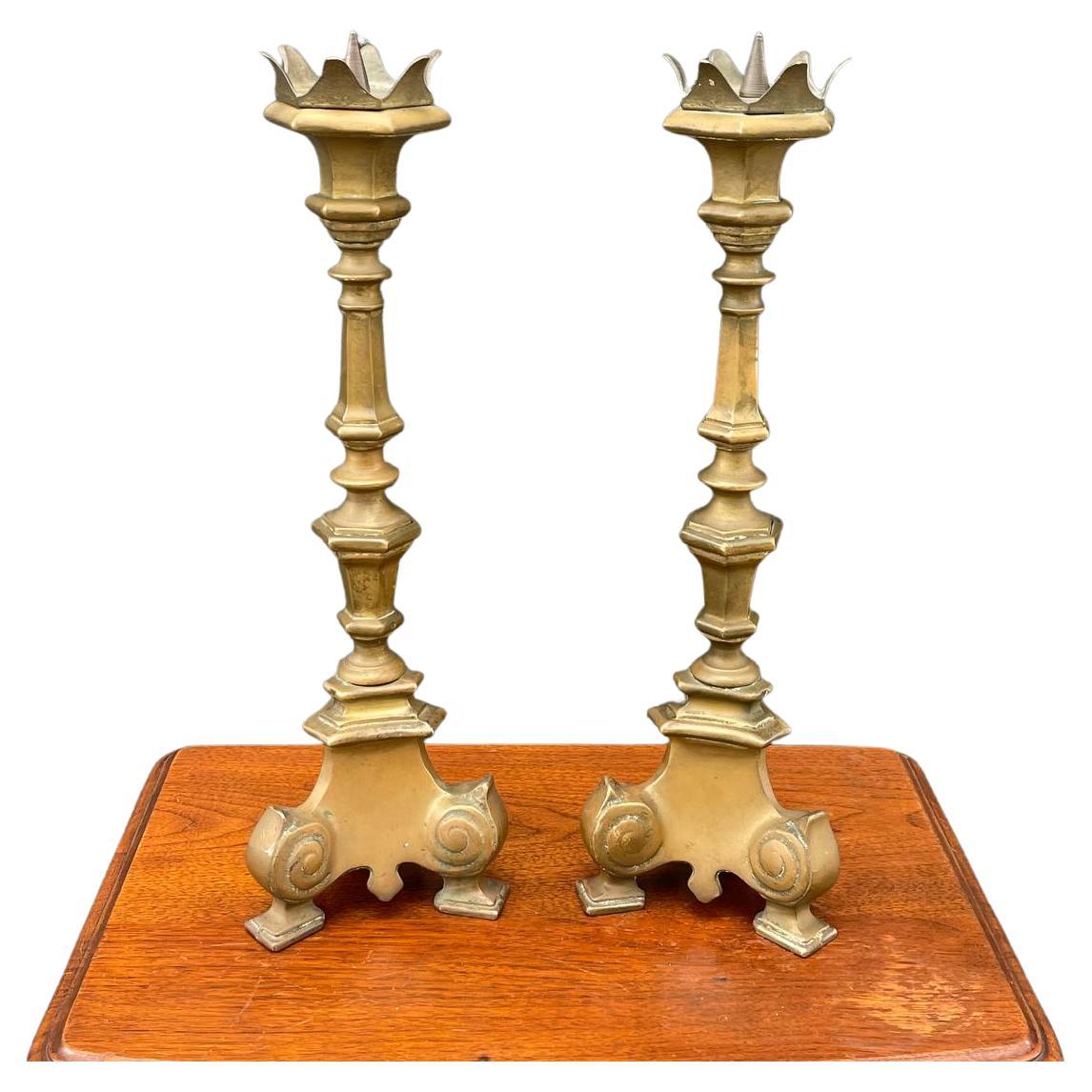 Pair of French Gothic Brass Candle Stick Holders For Sale