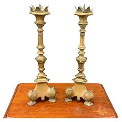 Retro Pair of French Gothic Brass Candle Stick Holders