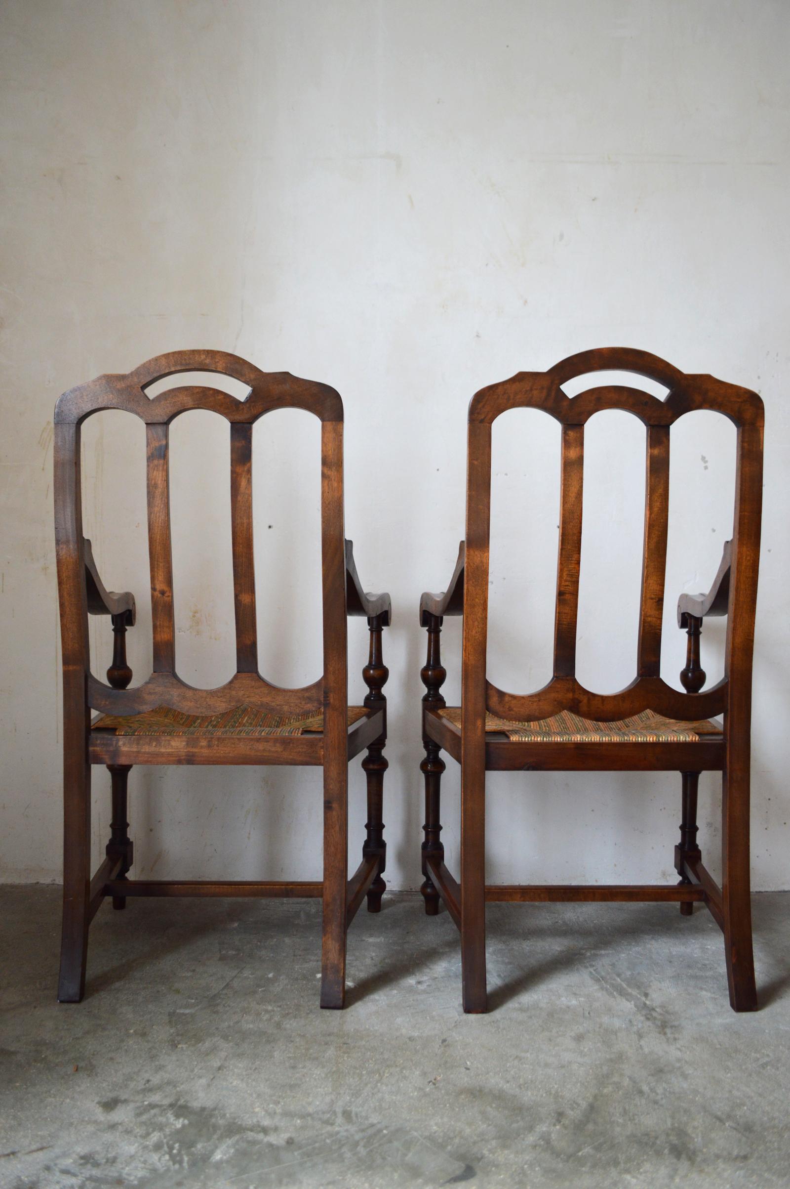 Carved Pair of French Gothic Revival Rush Seat Armchairs in Walnut, circa 1890 For Sale