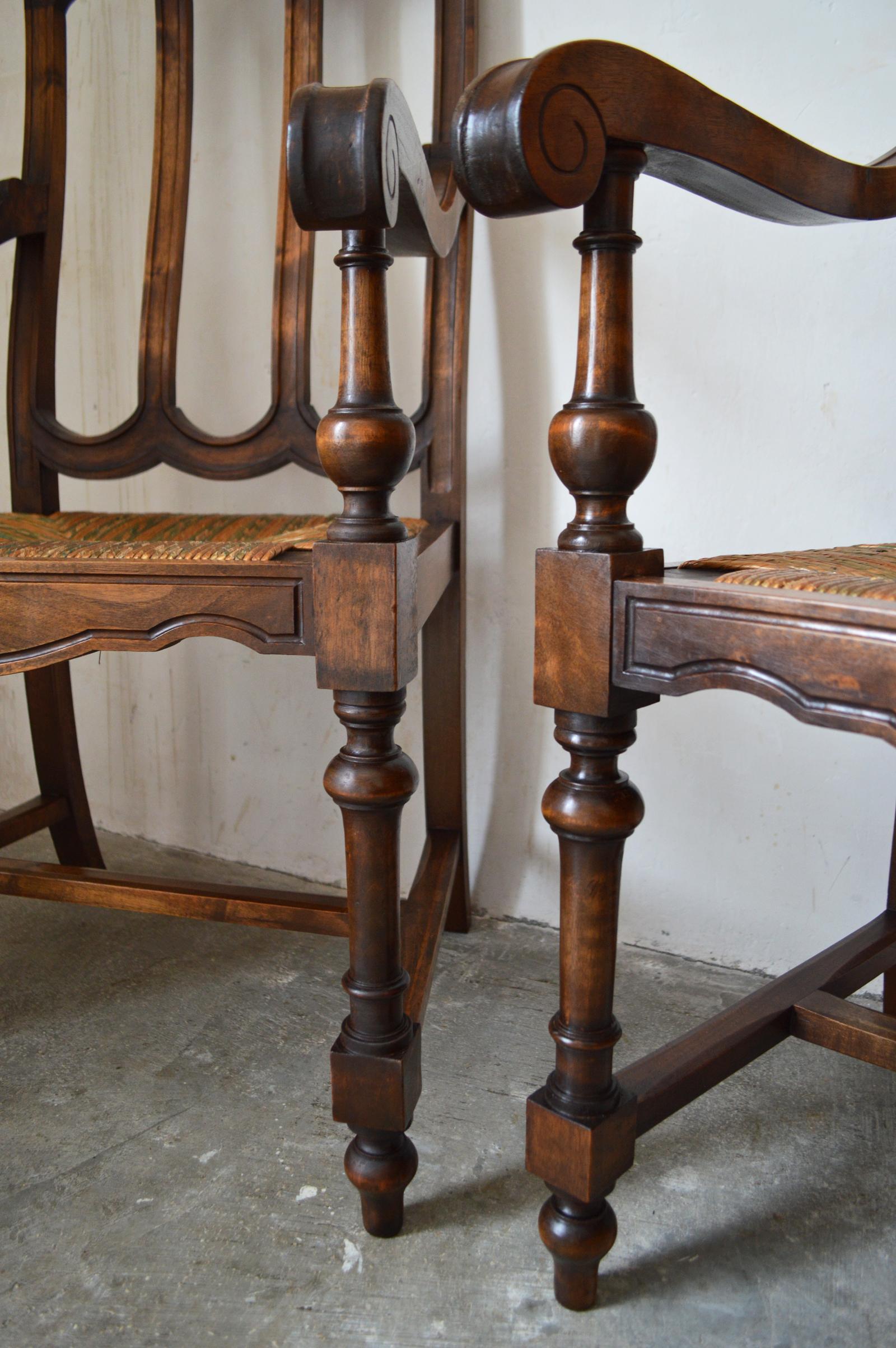 Late 19th Century Pair of French Gothic Revival Rush Seat Armchairs in Walnut, circa 1890 For Sale