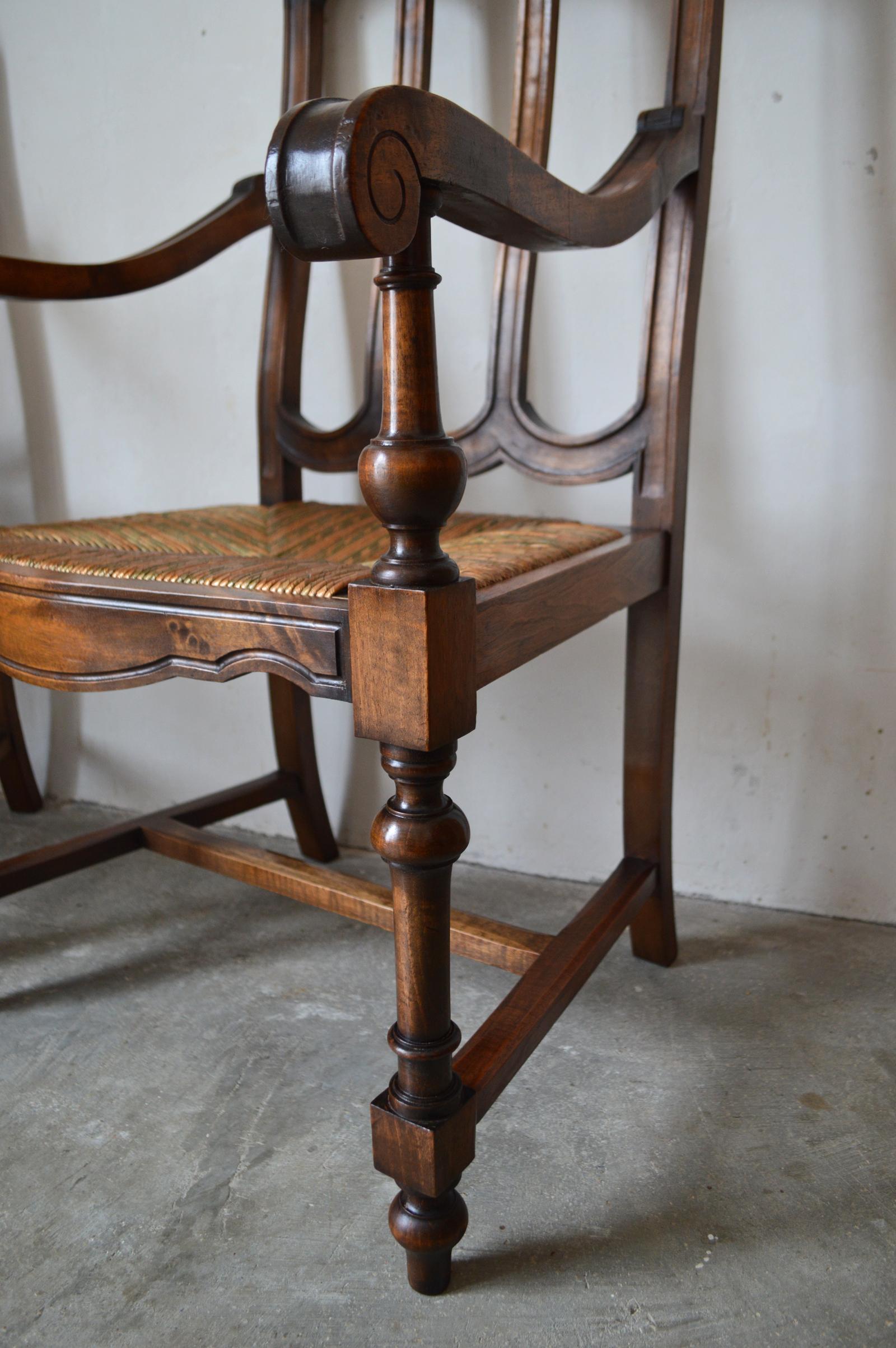 Pair of French Gothic Revival Rush Seat Armchairs in Walnut, circa 1890 For Sale 1