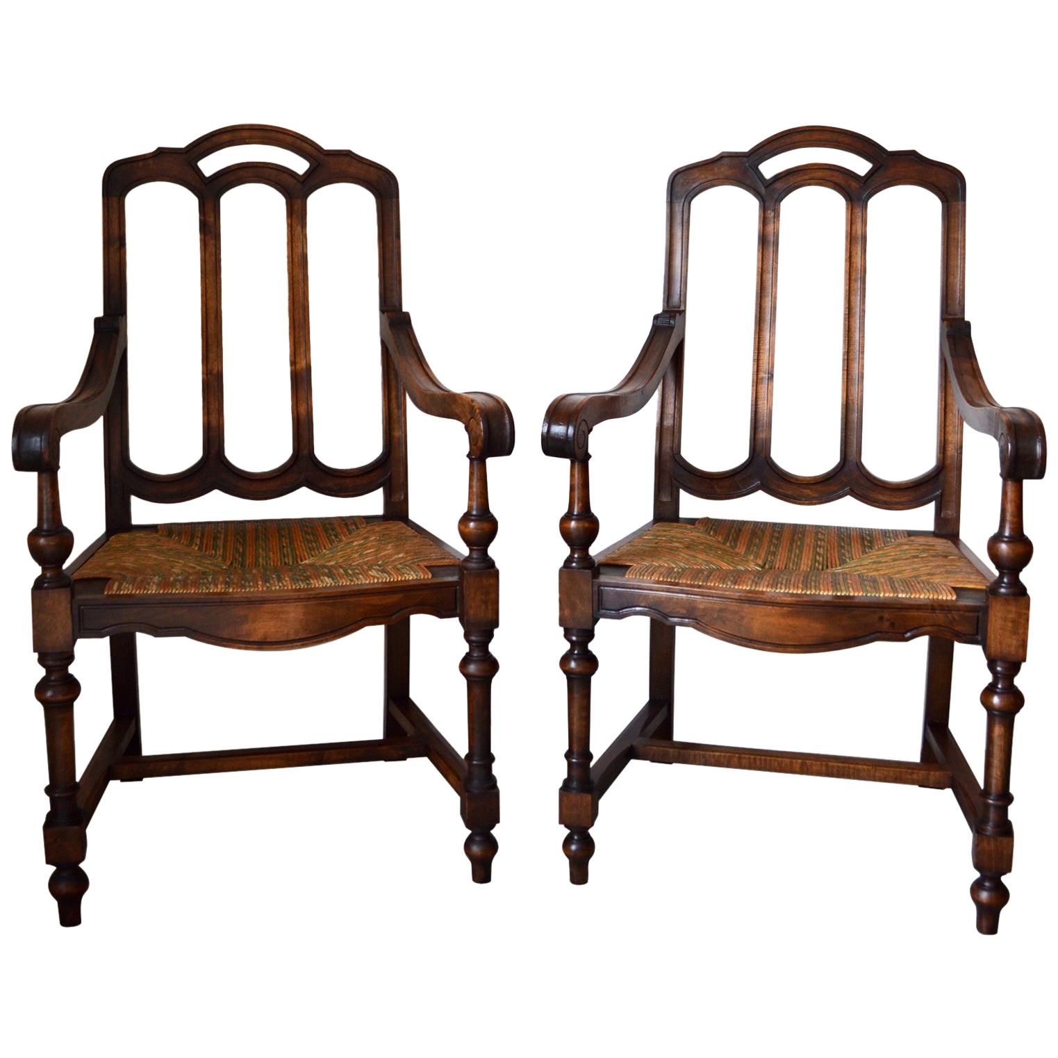 Pair of French Gothic Revival Rush Seat Armchairs in Walnut, circa 1890 For Sale