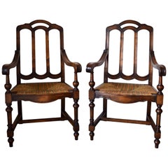 Pair of French Gothic Revival Rush Seat Armchairs in Walnut, circa 1890