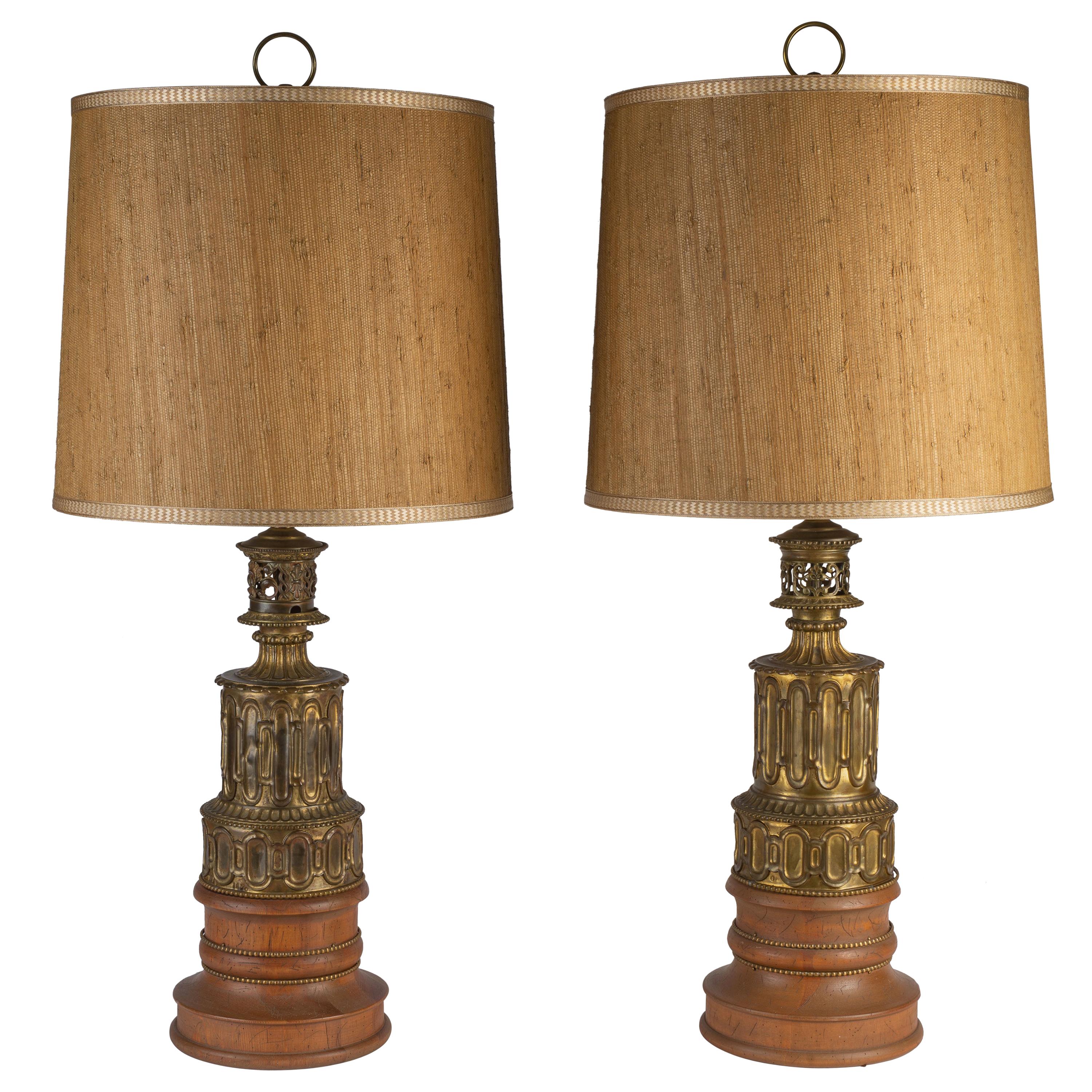 Pair of French Gothic Revival Wood and Brass Oil Lamps