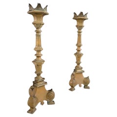 Vintage Pair of French Gothic Style Brass Candle Stick Holders