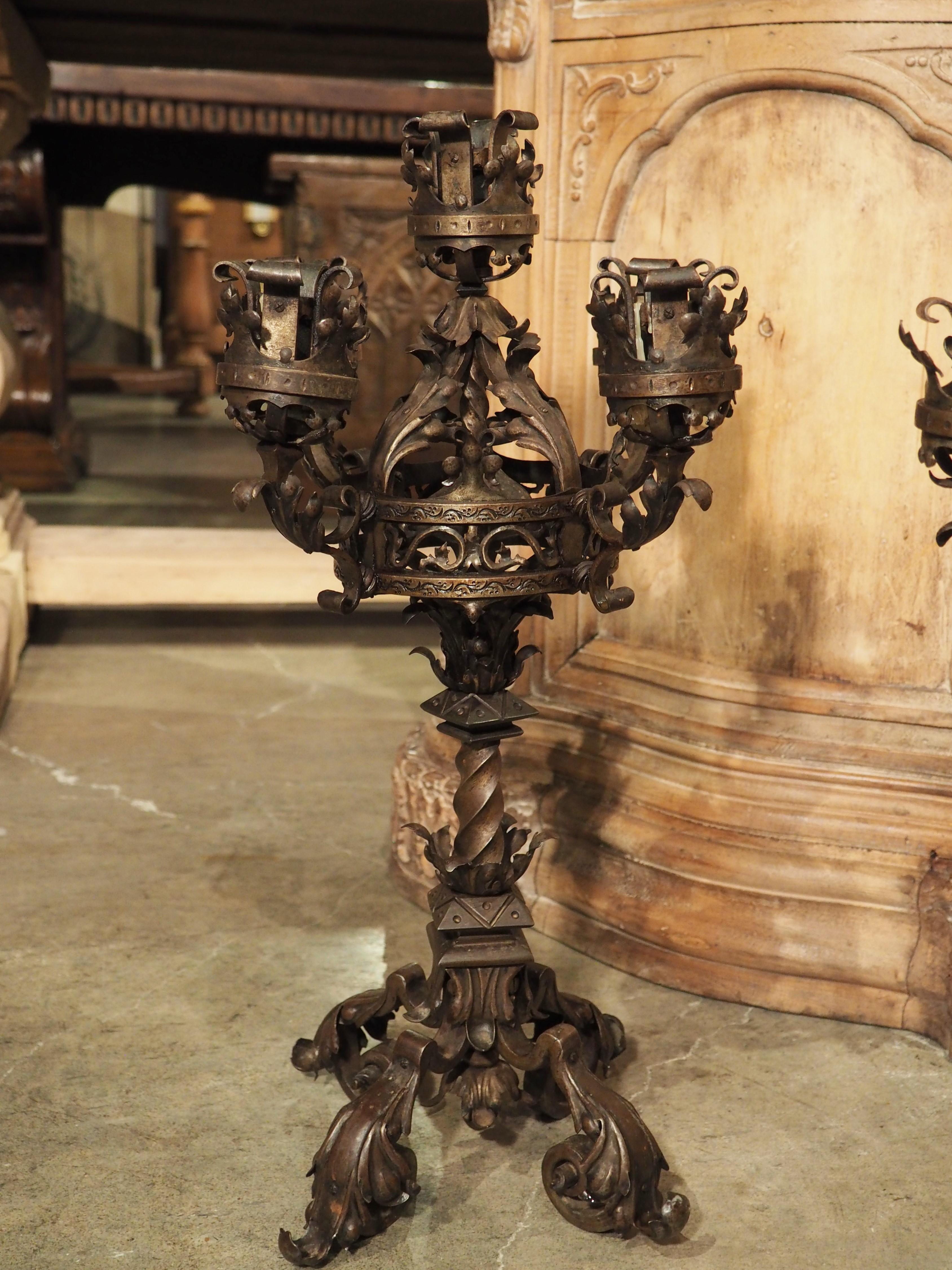 Pair of French Gothic Style Wrought Iron and Tole Candelabras, 1900s 6