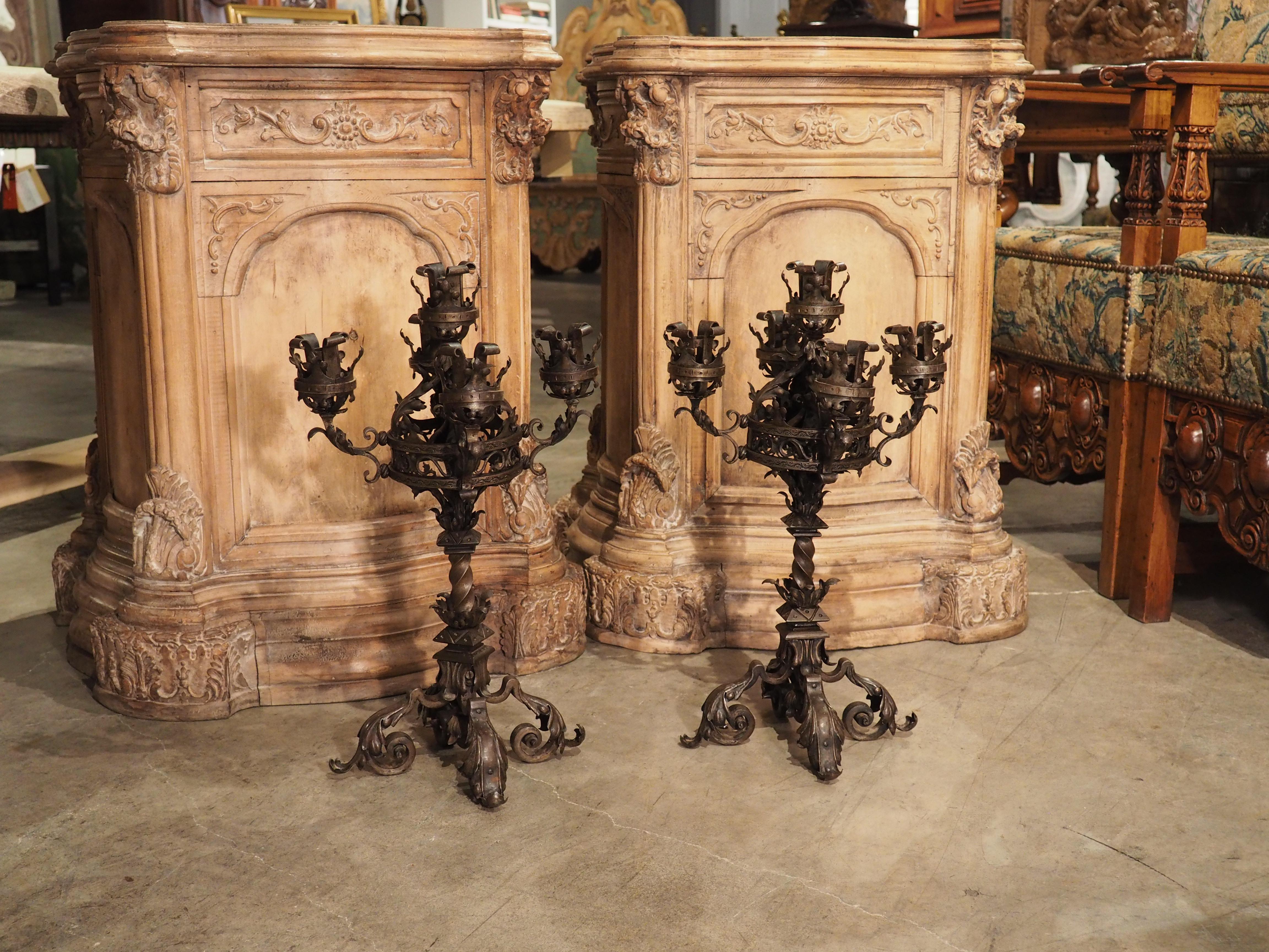 Pair of French Gothic Style Wrought Iron and Tole Candelabras, 1900s 11