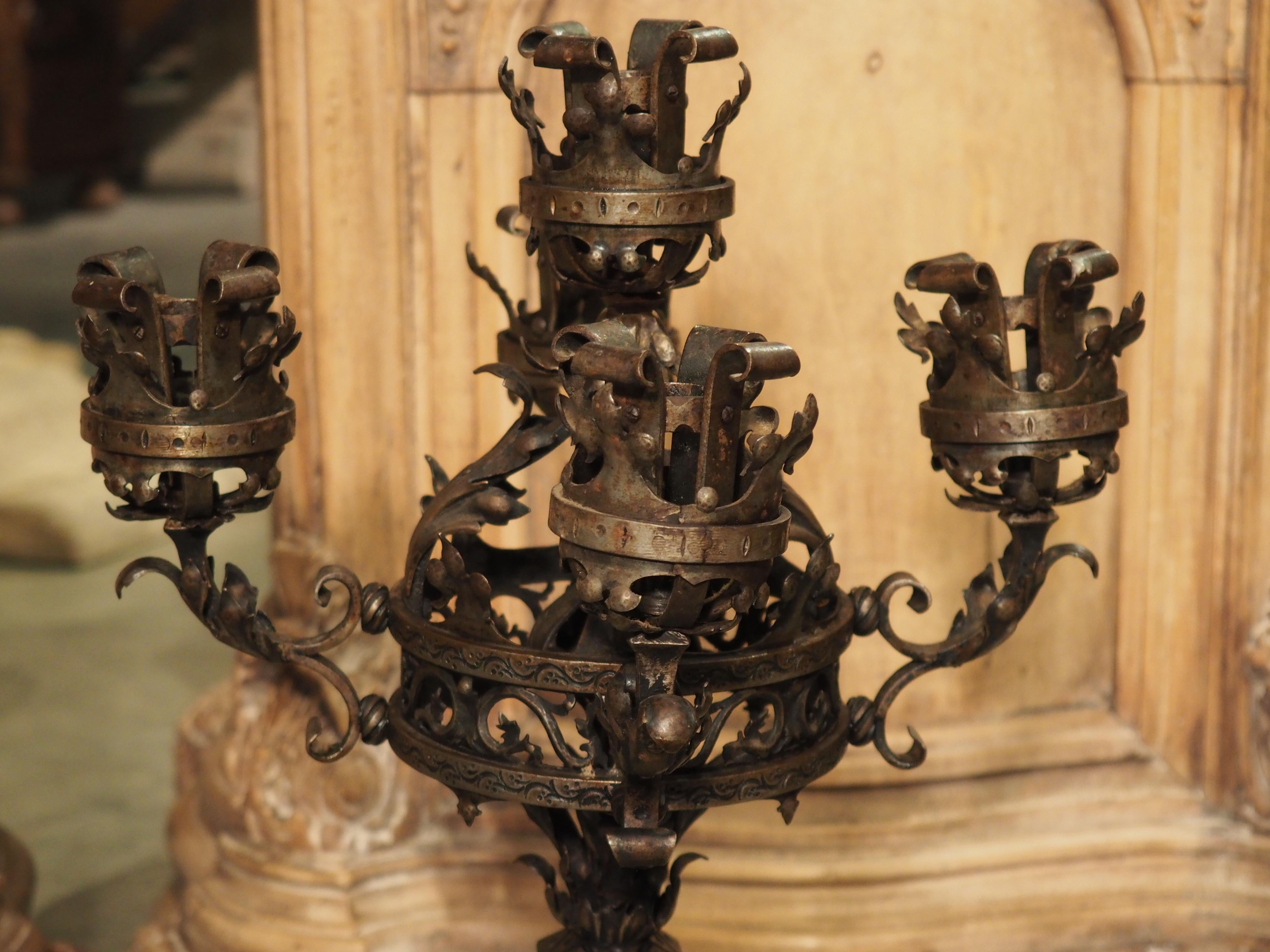 Pair of French Gothic Style Wrought Iron and Tole Candelabras, 1900s 3