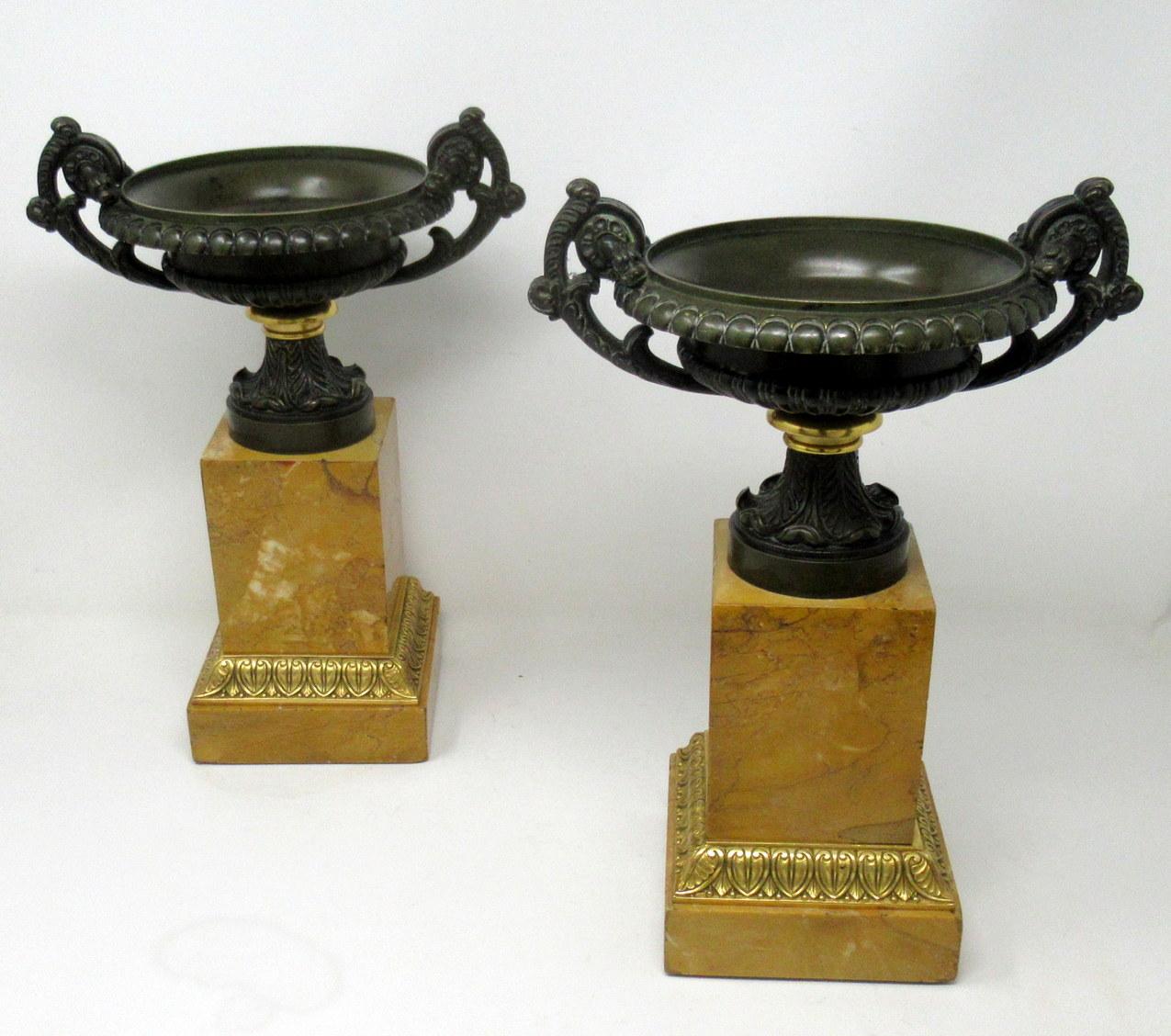 A very fine pair of french late empire patinated bronze & well grained sienna marble grand tour twin handle Tazza of large and heavy proportions 

First quarter of the Nineteenth Century, possibly Regency period. 

Each circular bowl with