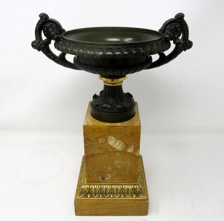 Pair of French Grand Tour Ormolu Bronze Dore Sienna Marble Tazza Urns