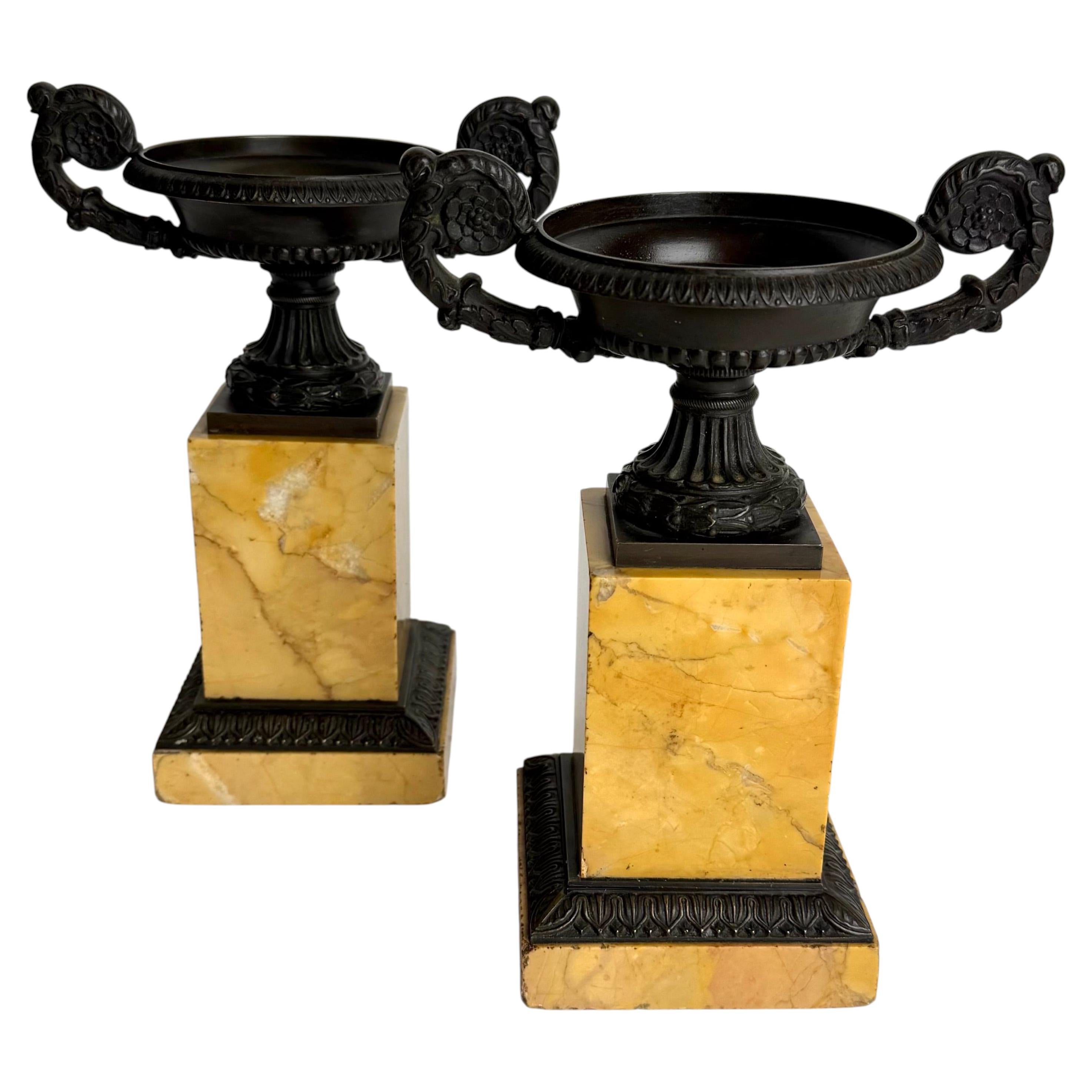 Pair of French Grand Tour Patinated Bronze Tazzas with Siena Marble Bases, 1830s