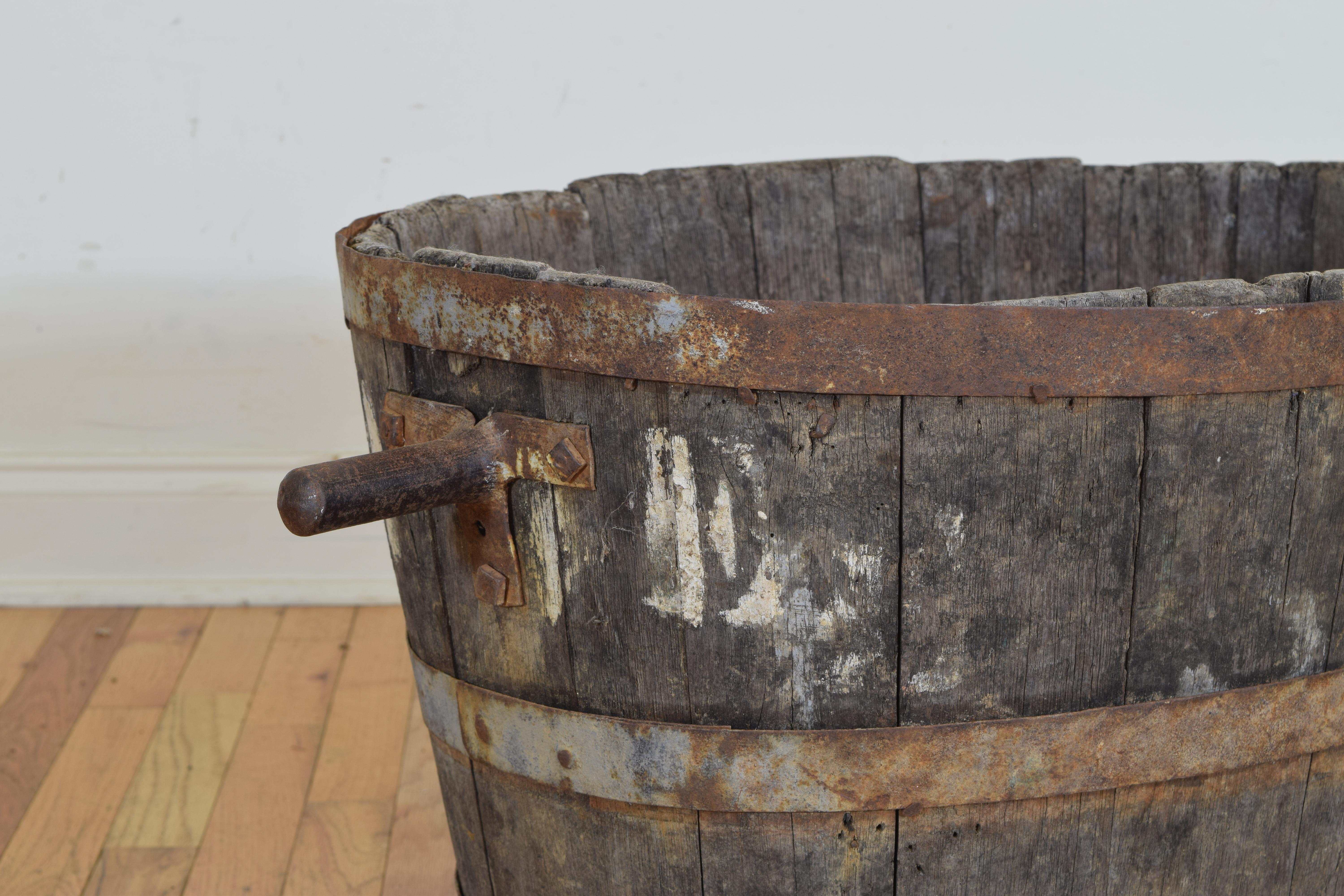 Wood Pair of French Grape Buckets with Metal Banding and Handles, Early 20th Century