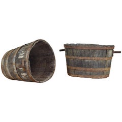 Antique Pair of French Grape Buckets with Metal Banding and Handles, Early 20th Century