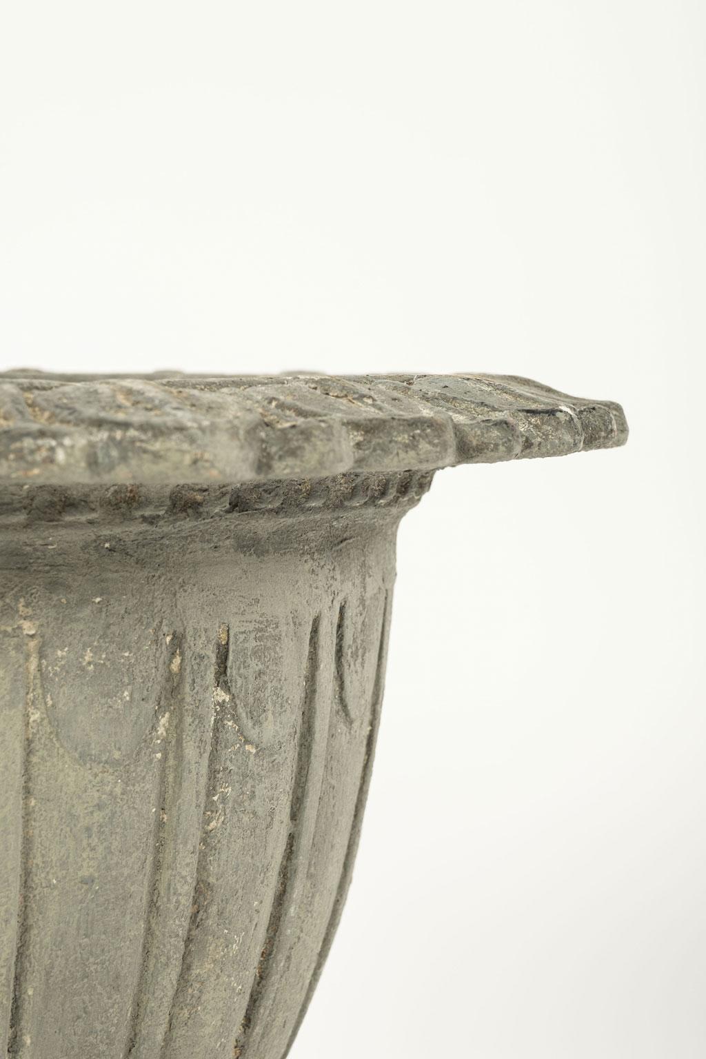 Pair of French Gray Painted Cast Iron Garden Urns For Sale 5