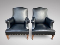 Pair of French Great Quality Black Leather 19th Century Armchairs