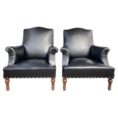 Antique Pair of French Great Quality Black Leather 19th Century Armchairs