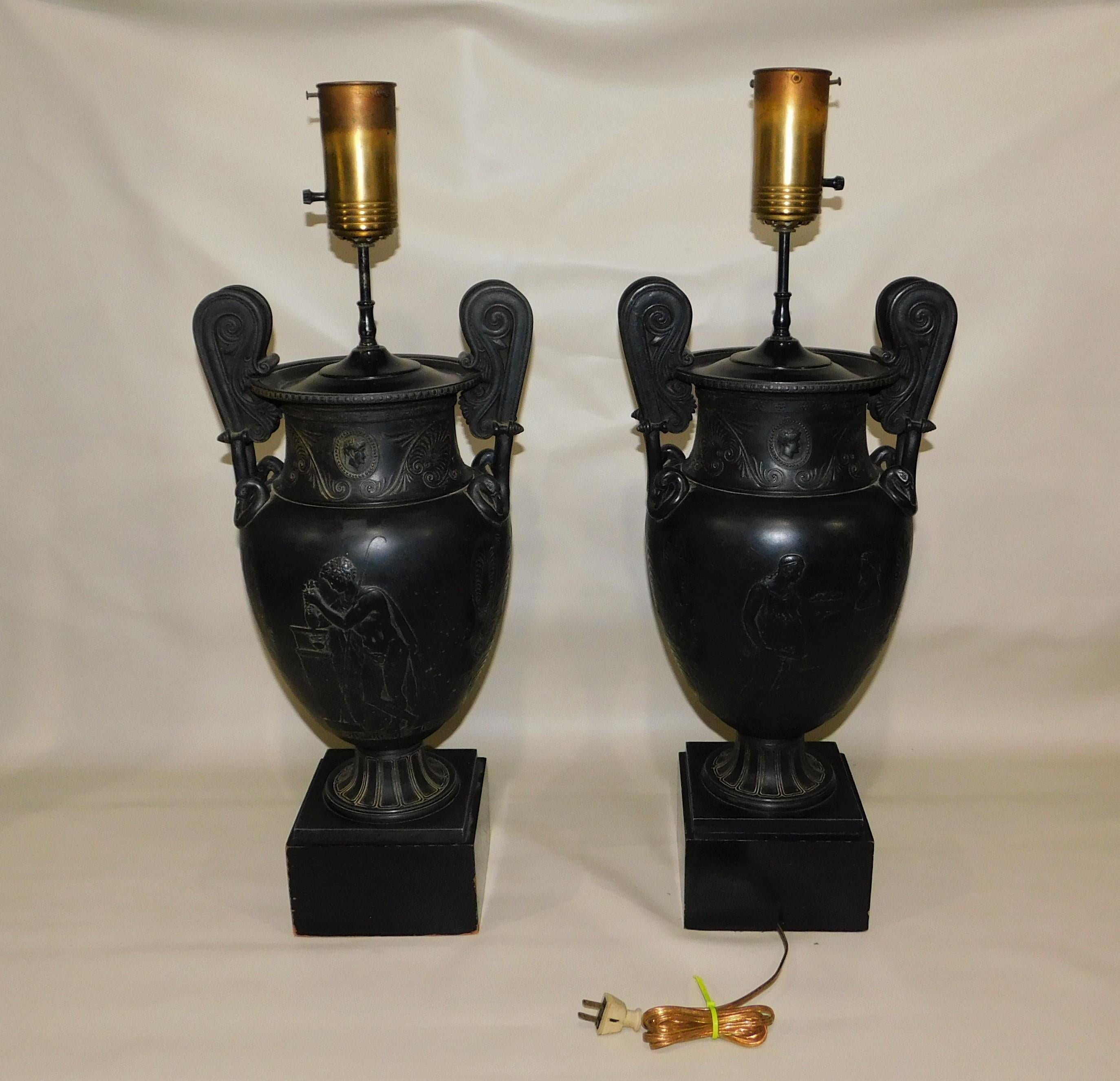 Pair of French Greek Neoclassical Style Spelter White Metal Urn Lamps circa 1920 In Good Condition In Hamilton, Ontario