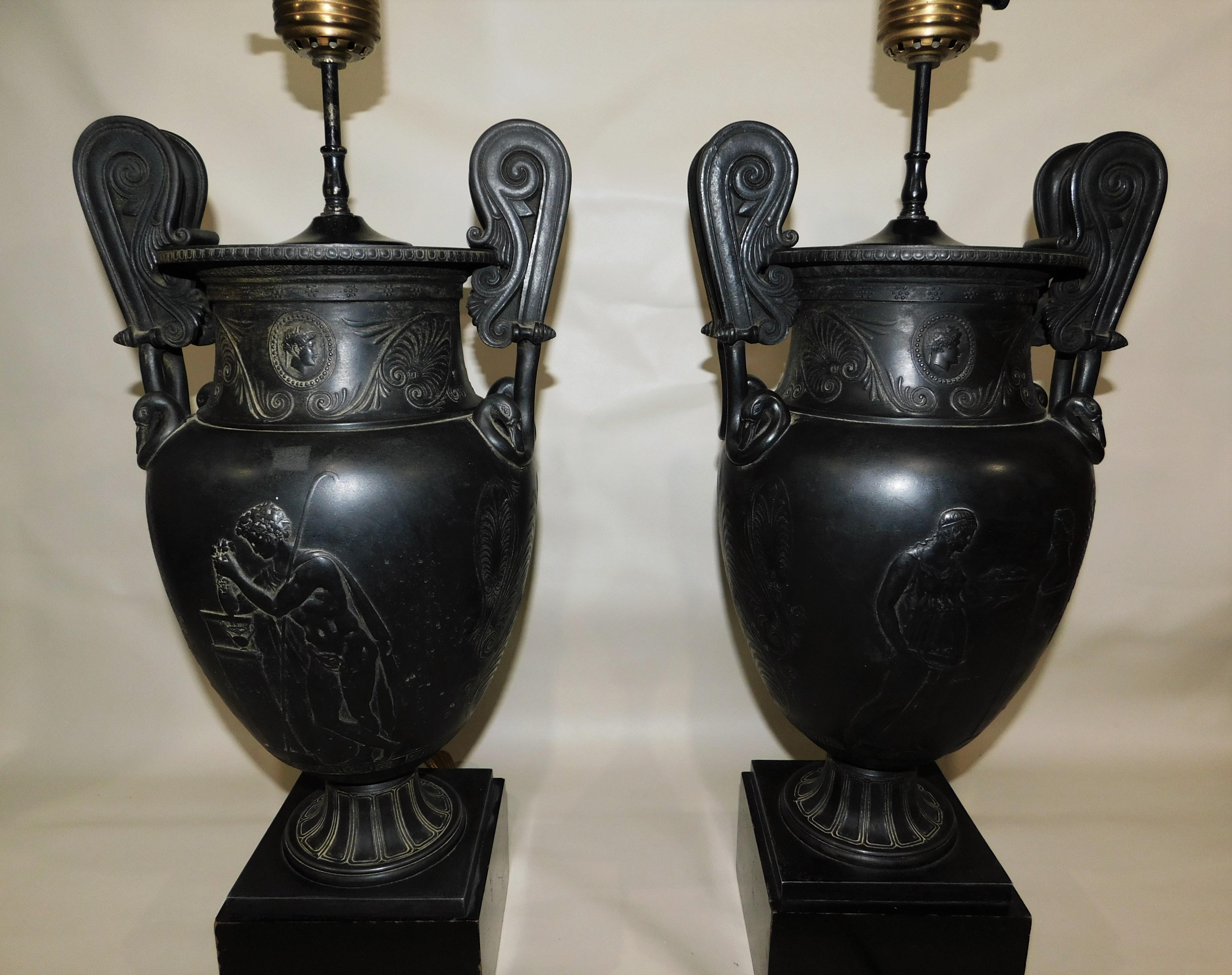 20th Century Pair of French Greek Neoclassical Style Spelter White Metal Urn Lamps circa 1920